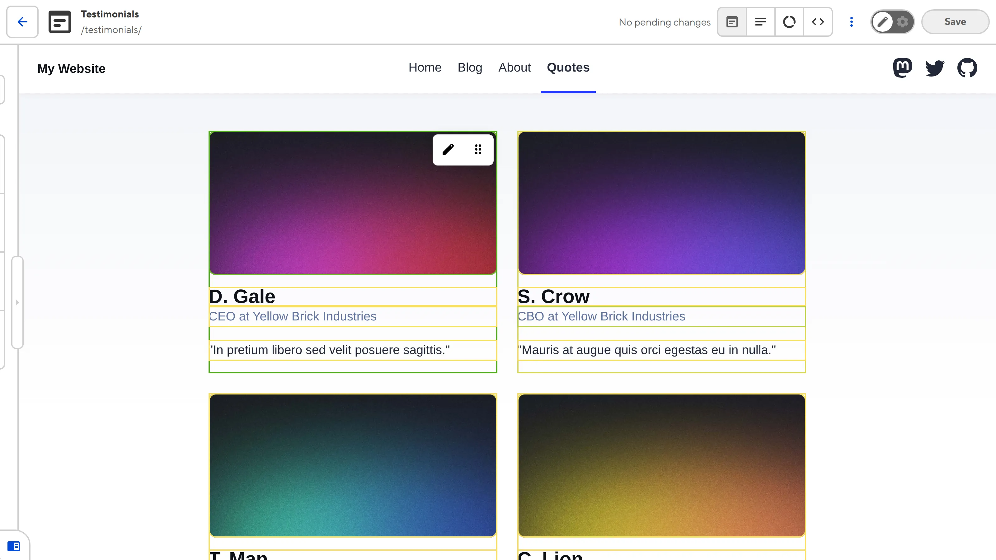 A screenshot of the Visual Editor shows yellow Editable Region boxes around the array items, text, and images on the Quotes webpage.