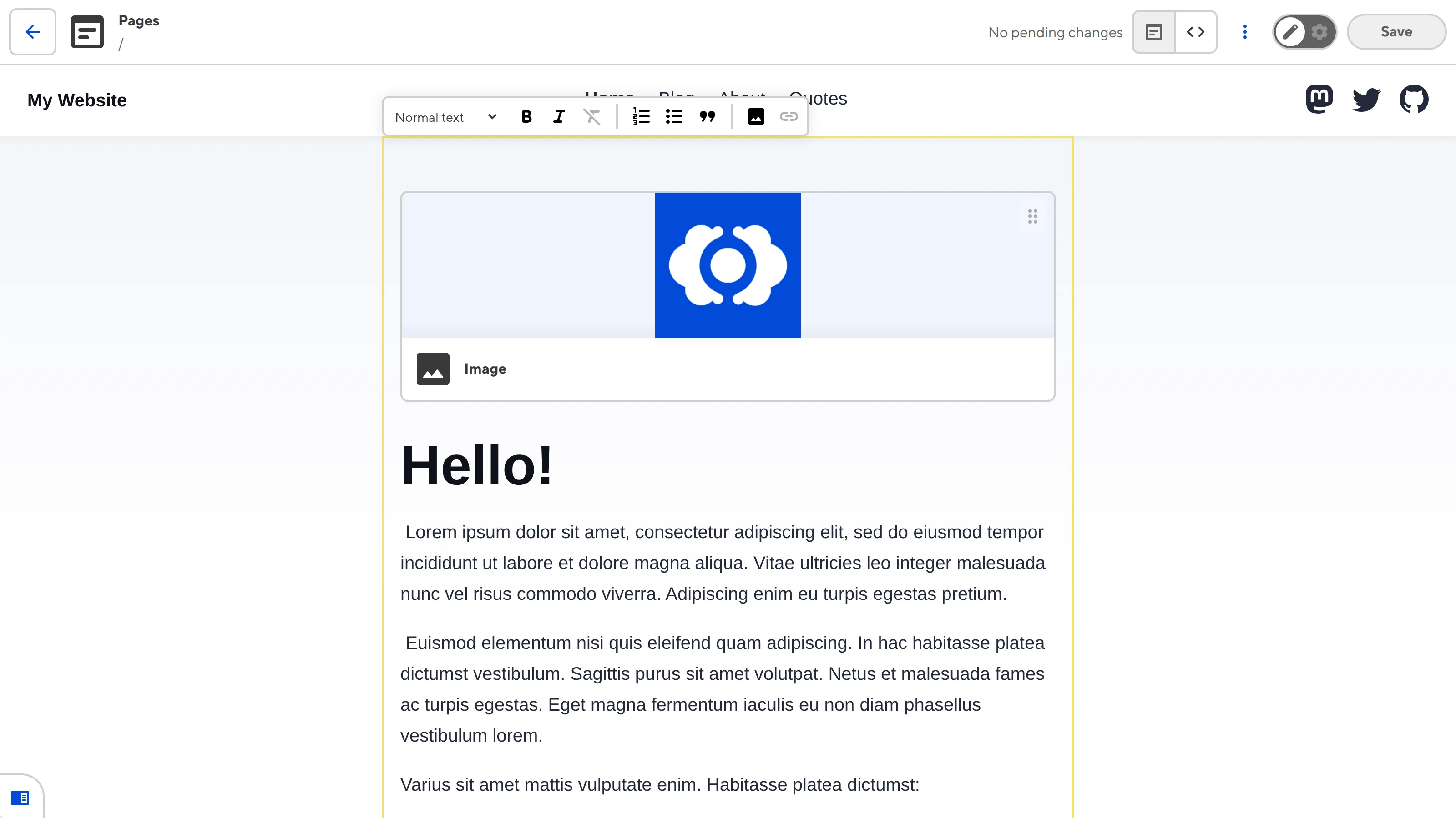 A screenshot of the Visual Editor shows yellow Editable Region boxes around the rich text content on the Home webpage.