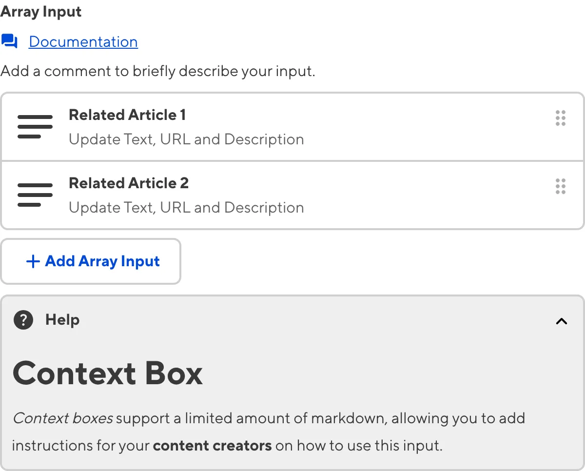 Array Input with Context Box A screenshot of the Array Input in the Data Editor with a Context Box underneath the text area.