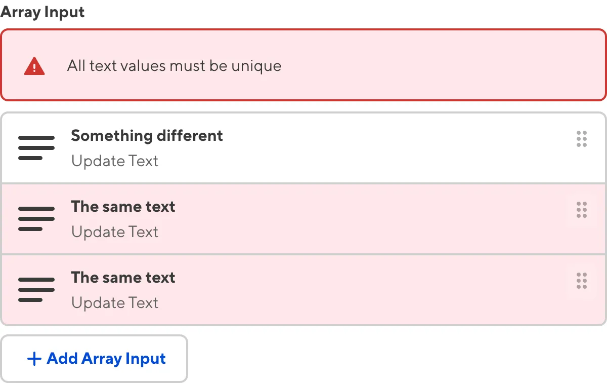 The Array Input A screenshot of the Array Input in the Data Editor shows an error message as there are non-unique values.