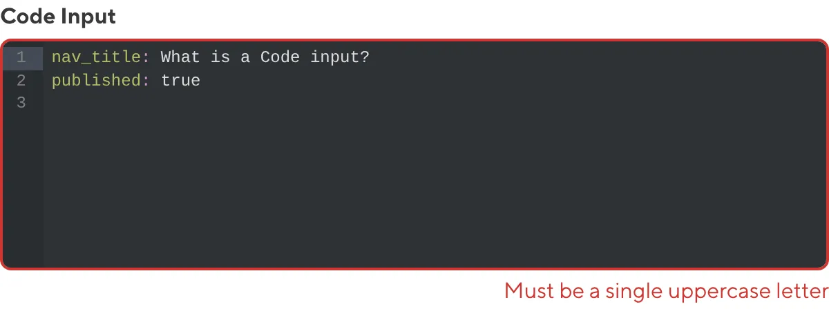 The Code Input A screenshot of the Code Input in the Data Editor shows an error message as the value does not match the configured pattern.