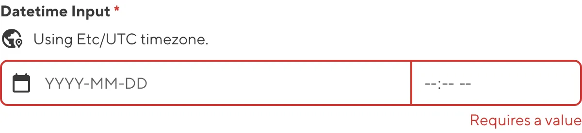 Datetime Input with required value A screenshot of the Datetime input in the Data Editor shows that no value is causing an input validation error.