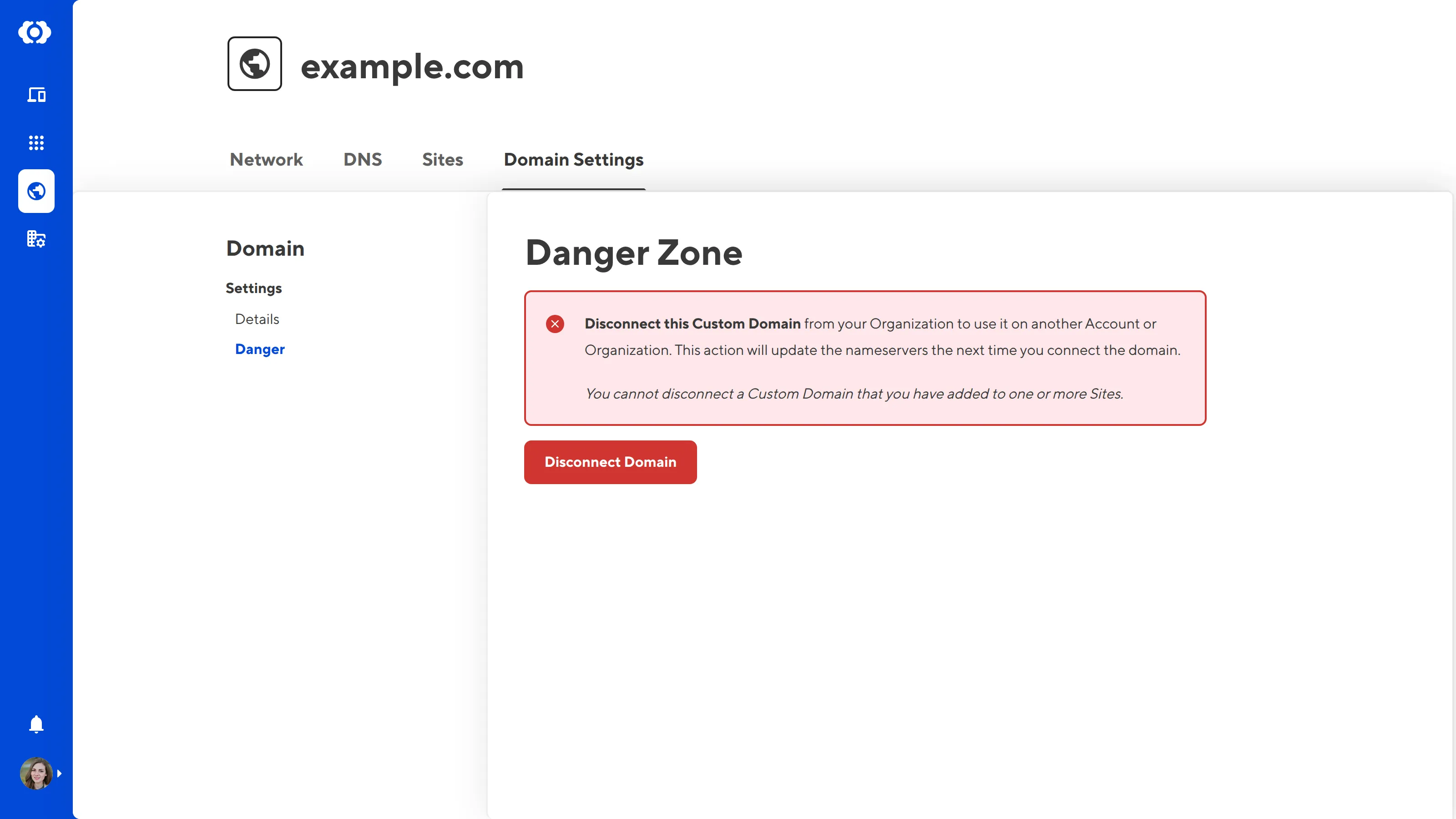 A screenshot of the Domain Settings tab on the Domain page shows the Disconnect Domain button and a warning notification.