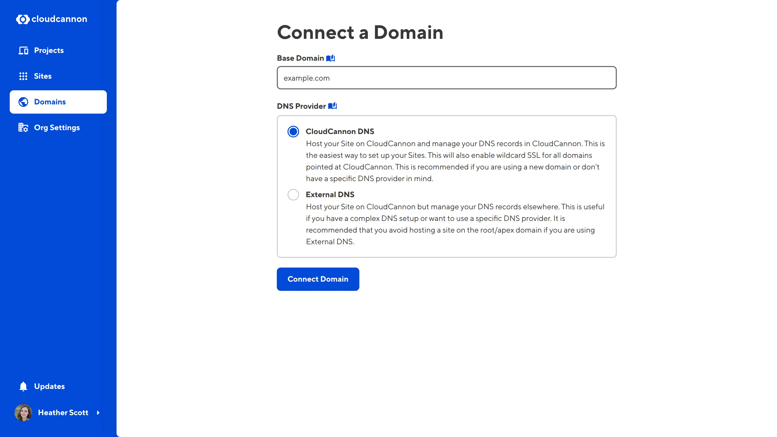 The Connect a Domain page A screenshot of the Connect a Domain page shows a text field for your base domain name and radio buttons for your DNS provider.