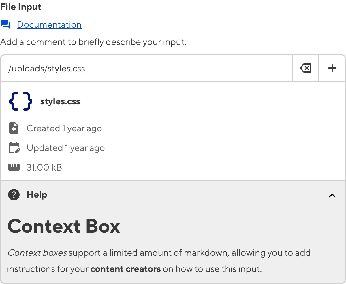 File Input with Context Box A screenshot of the File Input in the Data Editor with a Context Box underneath the text area.