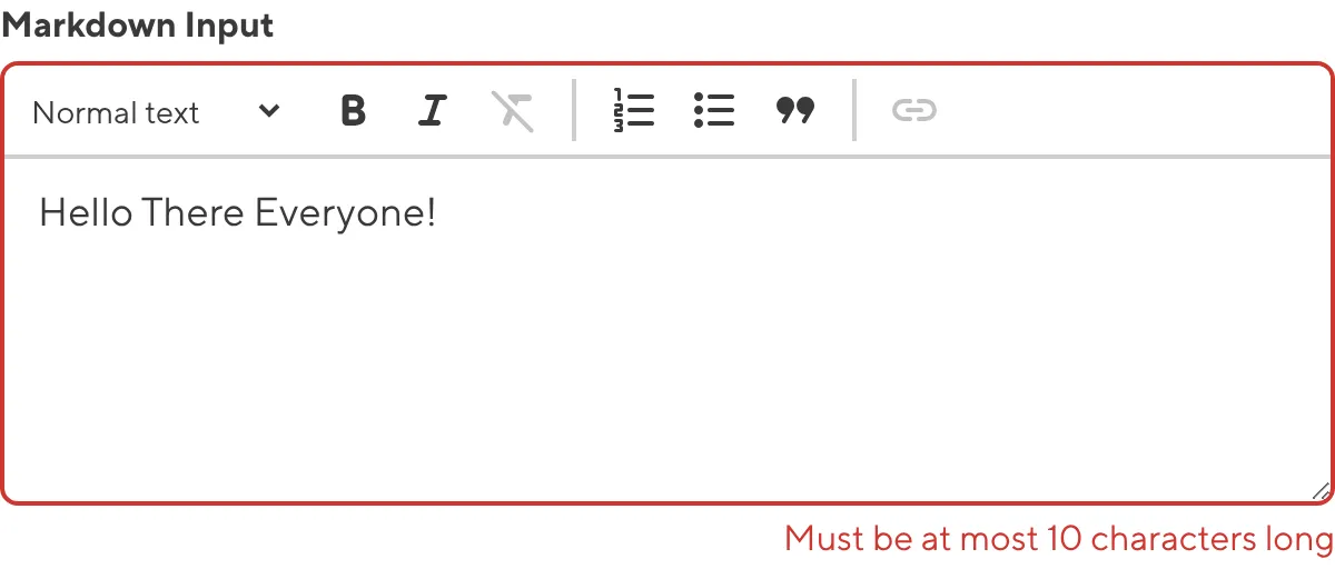 A screenshot of the Markdown input in the Data Editor shows that the value does not meet maximum length requirements.