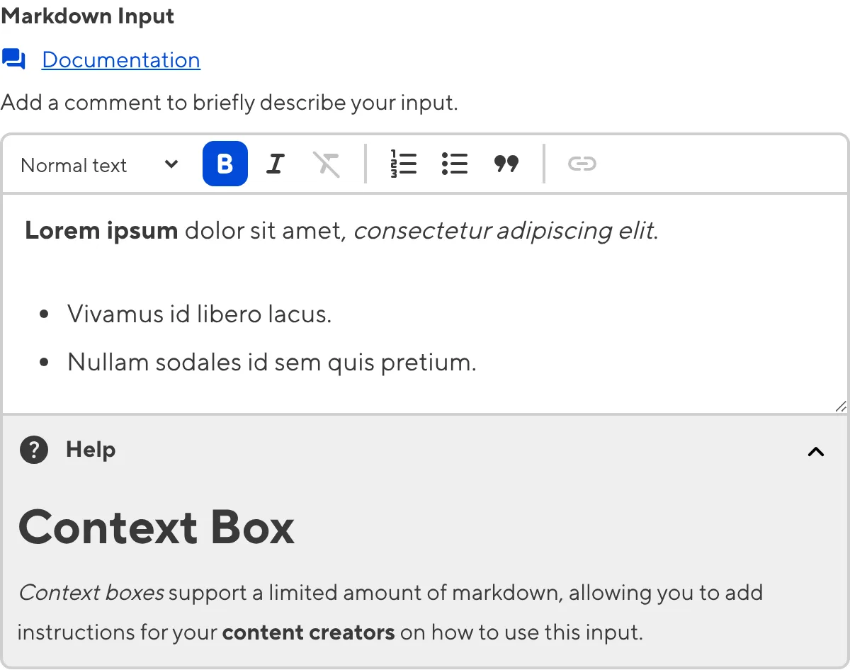 A screenshot of the Markdown Input in the Data Editor with a Context Box underneath the text area.