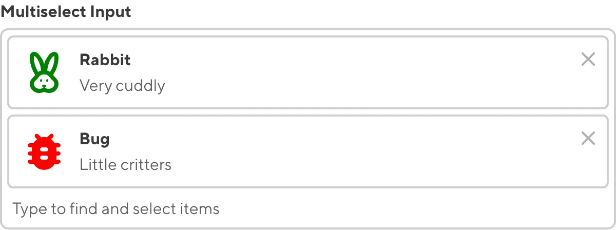 A screenshot of the Multiselect Input in the Data Editor shows an icon, icon color, and subtext.