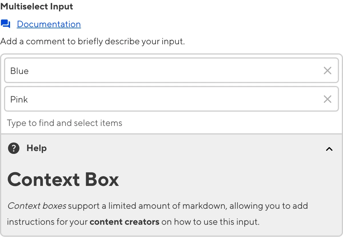 A screenshot of the Select Input in the Data Editor with a Context Box underneath the text area.