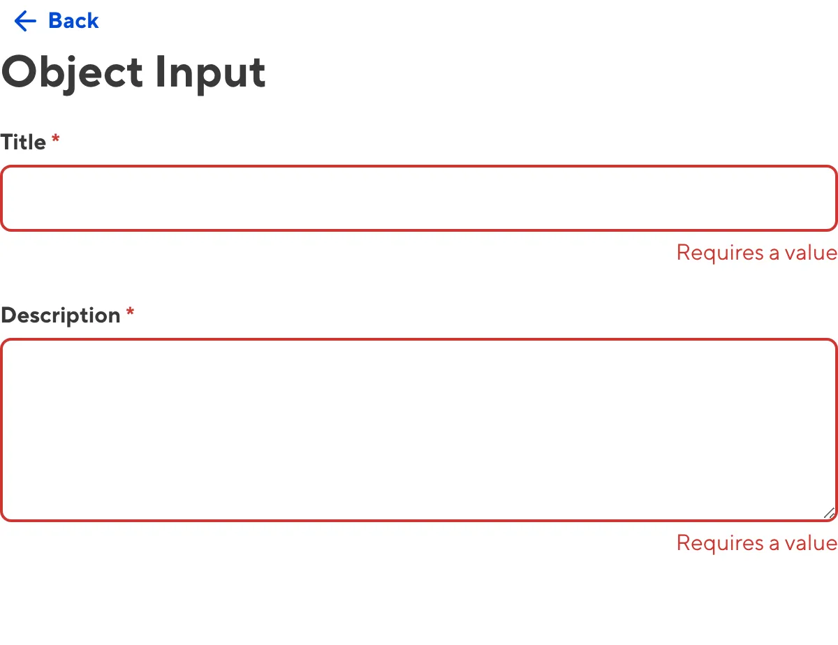 Object Input with required value A screenshot of the invalid nested inputs within an Object input in the Data Editor.