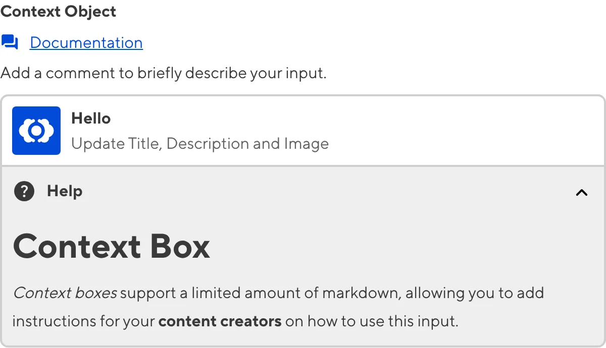 Object Input with Context Box A screenshot of the Object Input in the Data Editor with a Context Box underneath the card.
