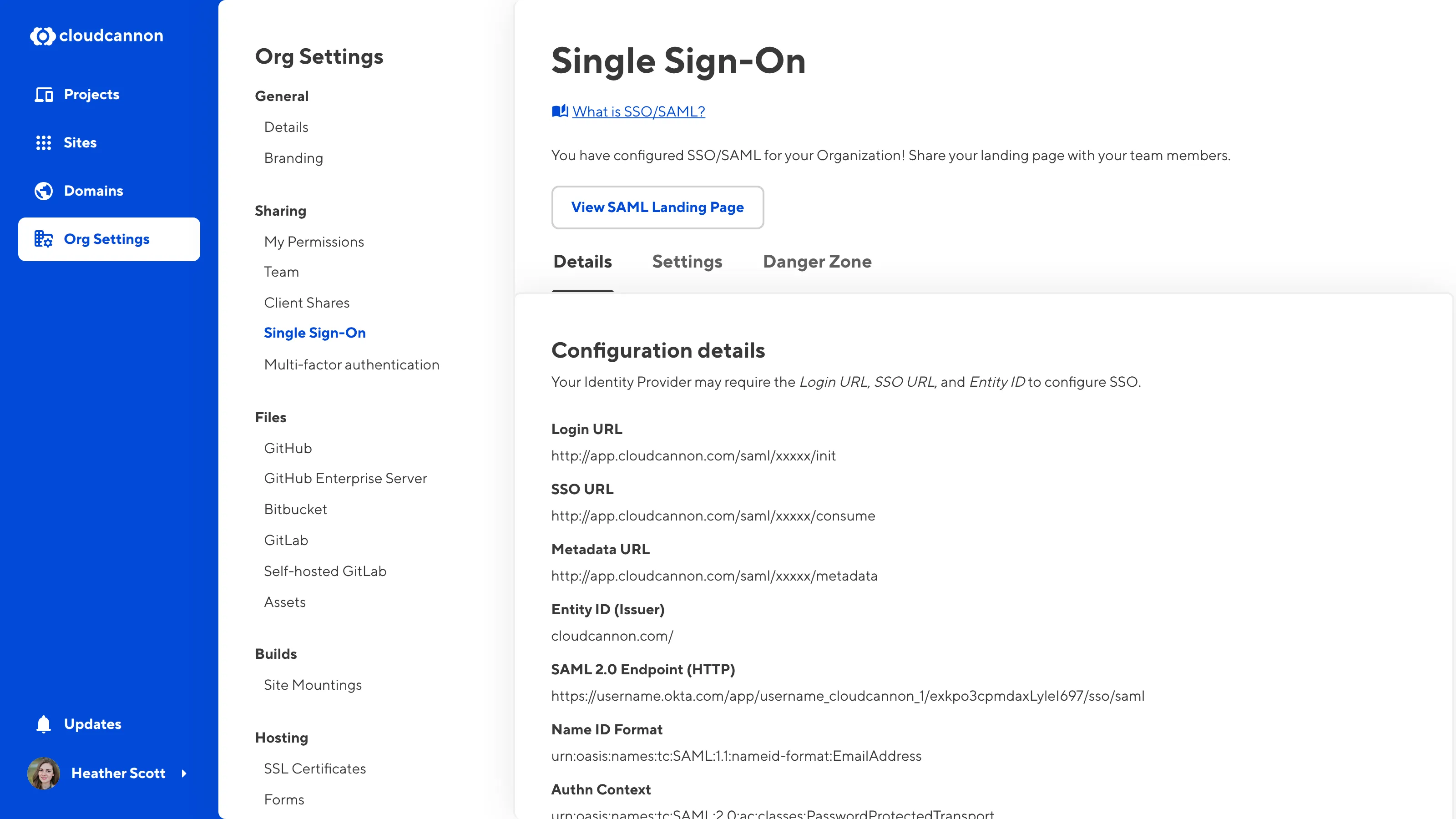 The Single Sign-On page A screenshot of the Details Tab on the Single Sign-On page shows the details of your SSO configuration.