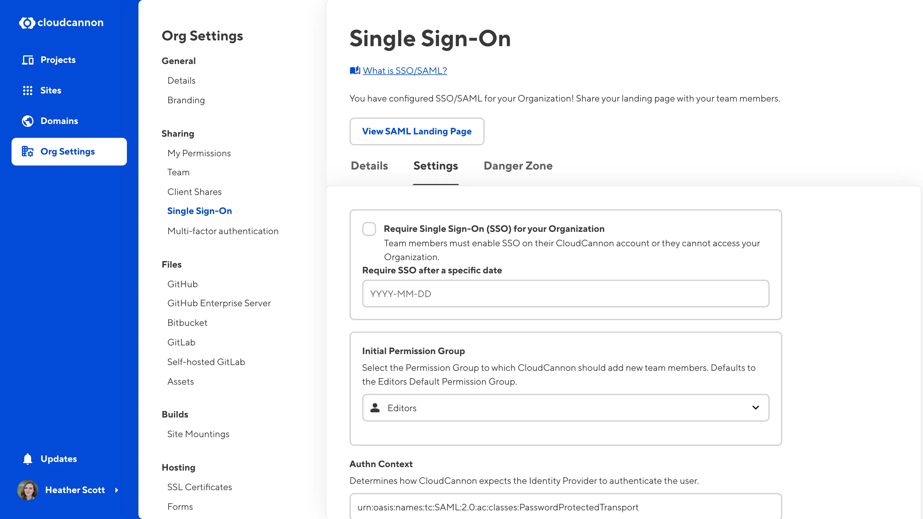 The Single Sign-On page A screenshot of the Settings Tab on the Single Sign-On page shows the Require Single Sign-On (SSO) for your Organization checkbox.