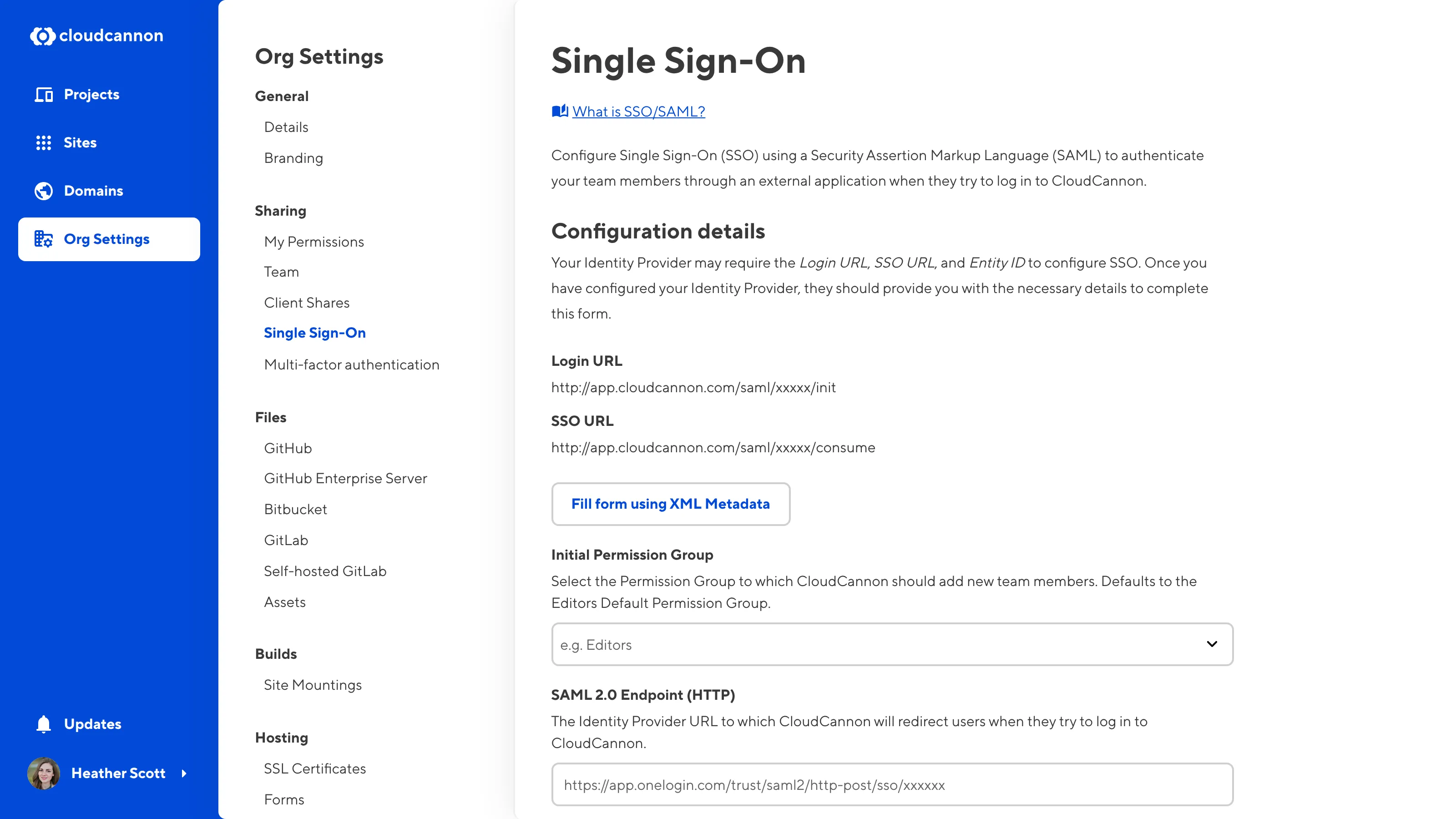 The SSO page A screenshot of the CloudCannon Single Sign-On page under Org Settings.