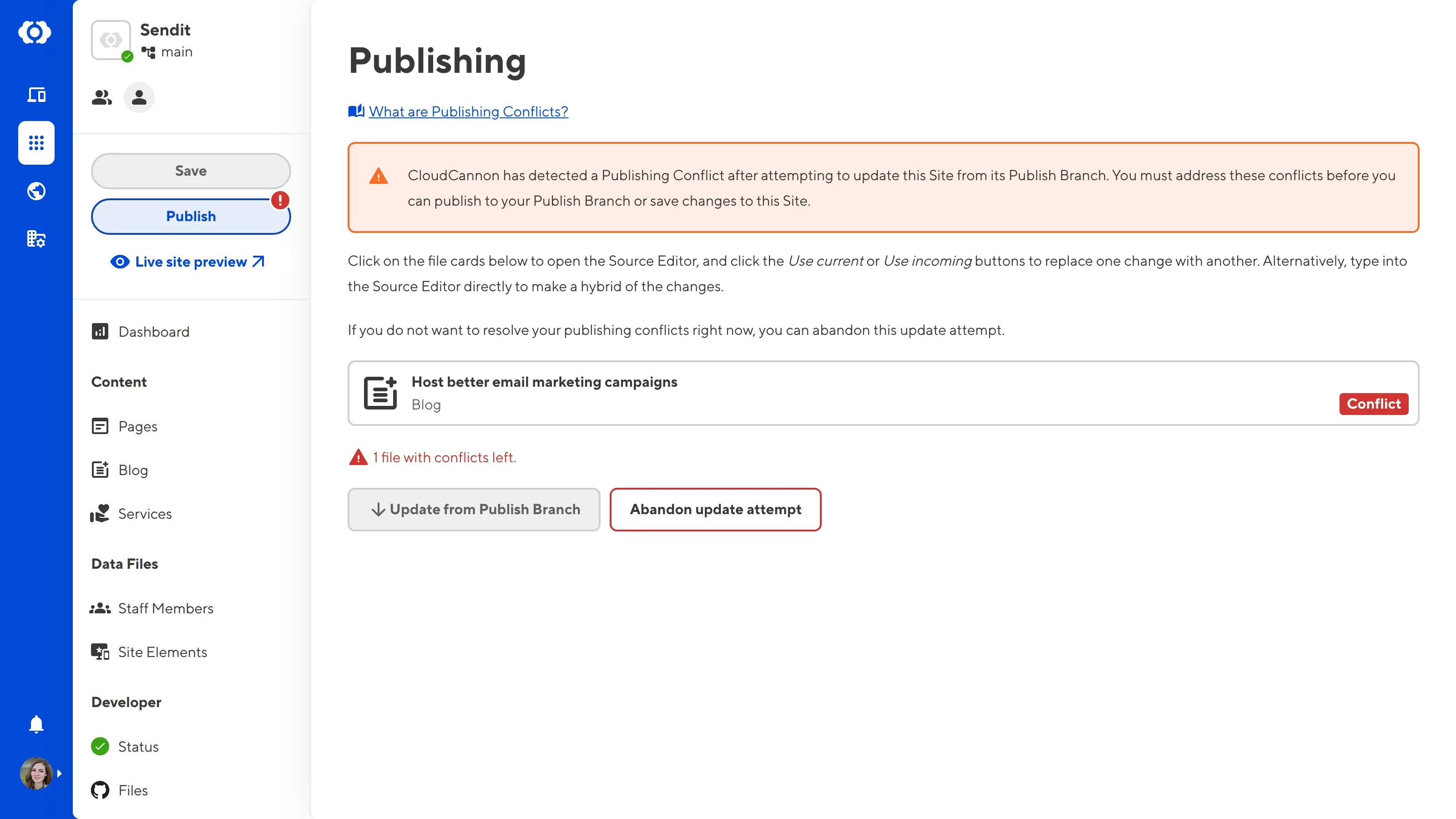 A screenshot of the Publishing page shows a conflicted file after attempting to update the Site from the Publish Branch.