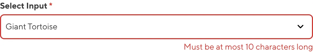 A screenshot of the Select Input in the Data Editor shows an error message as the value is too many characters.