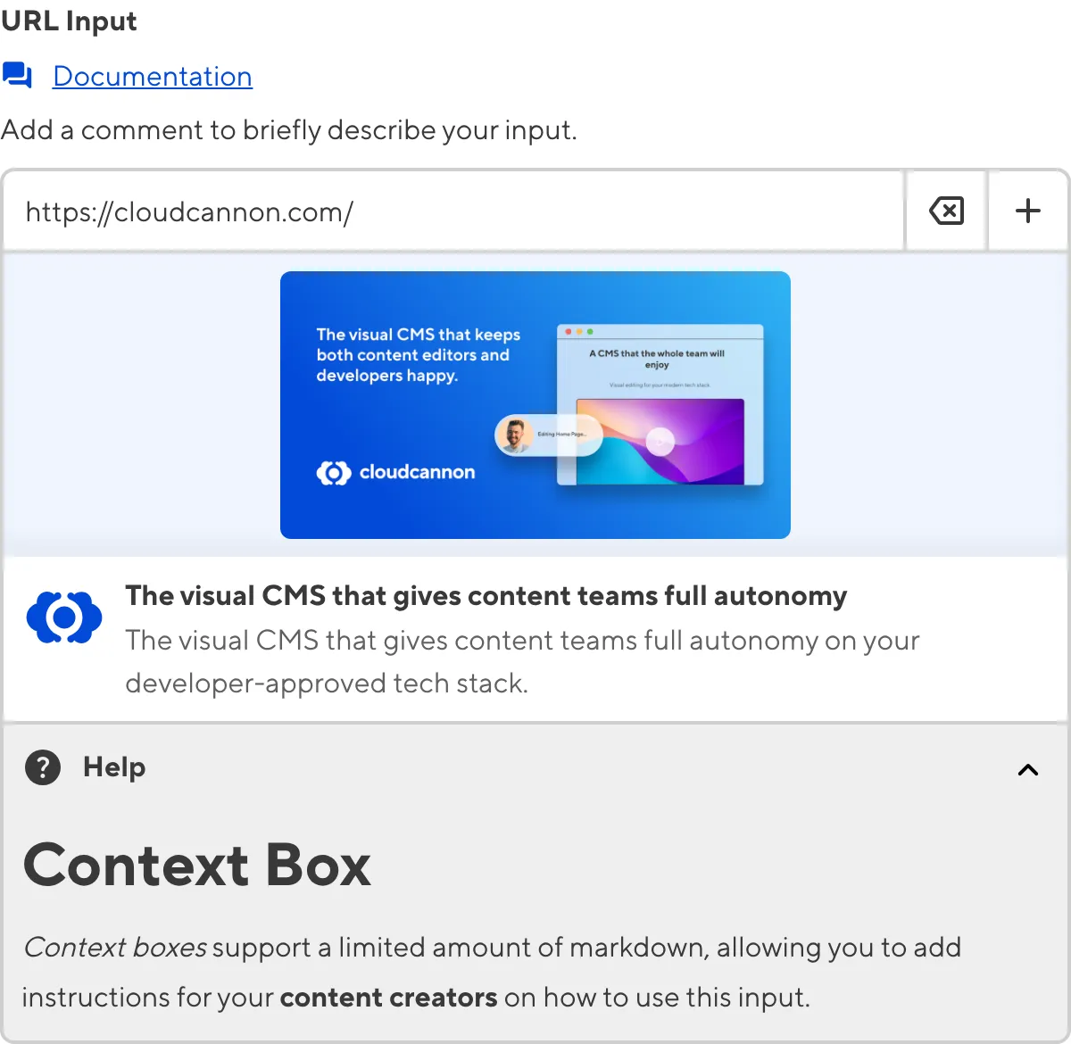 URL Input with Context Box A screenshot of the URL Input in the Data Editor with a Context Box underneath the text area.
