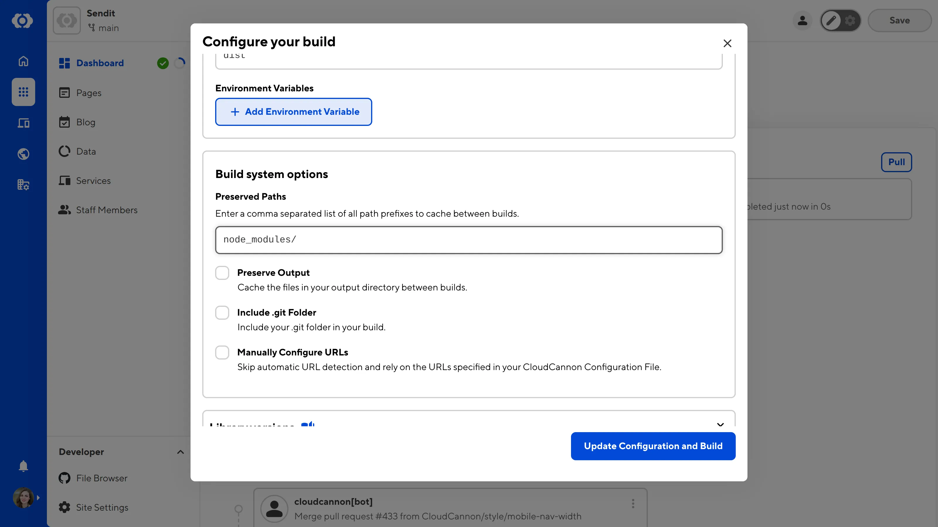 A screenshot of the Configure your build modal shows the build system options, including Preserved Paths.