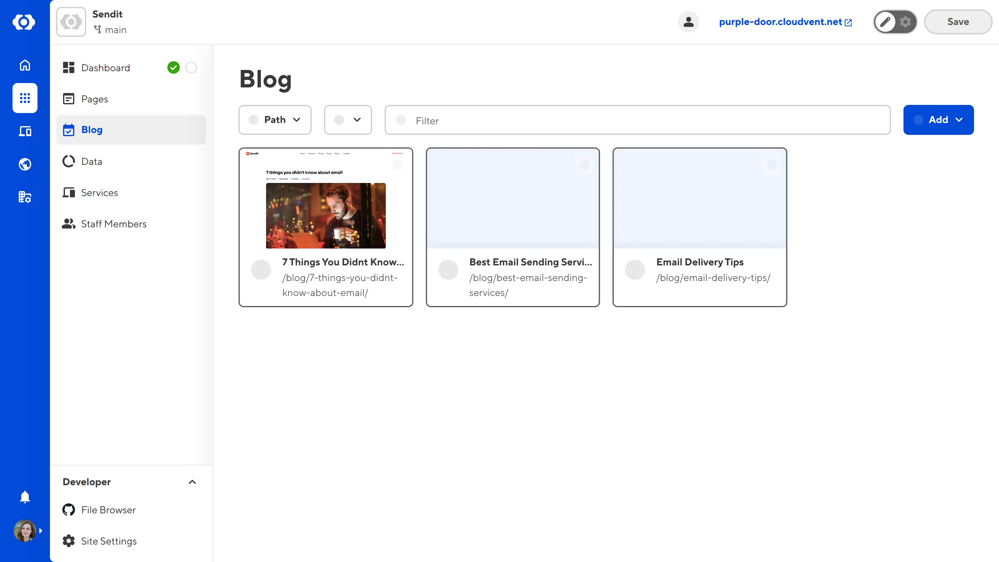 The Collection Browser A screenshot of the Collection browser shows previews of several blog files, sort and view dropdowns, the collection filter, and the + Add button.