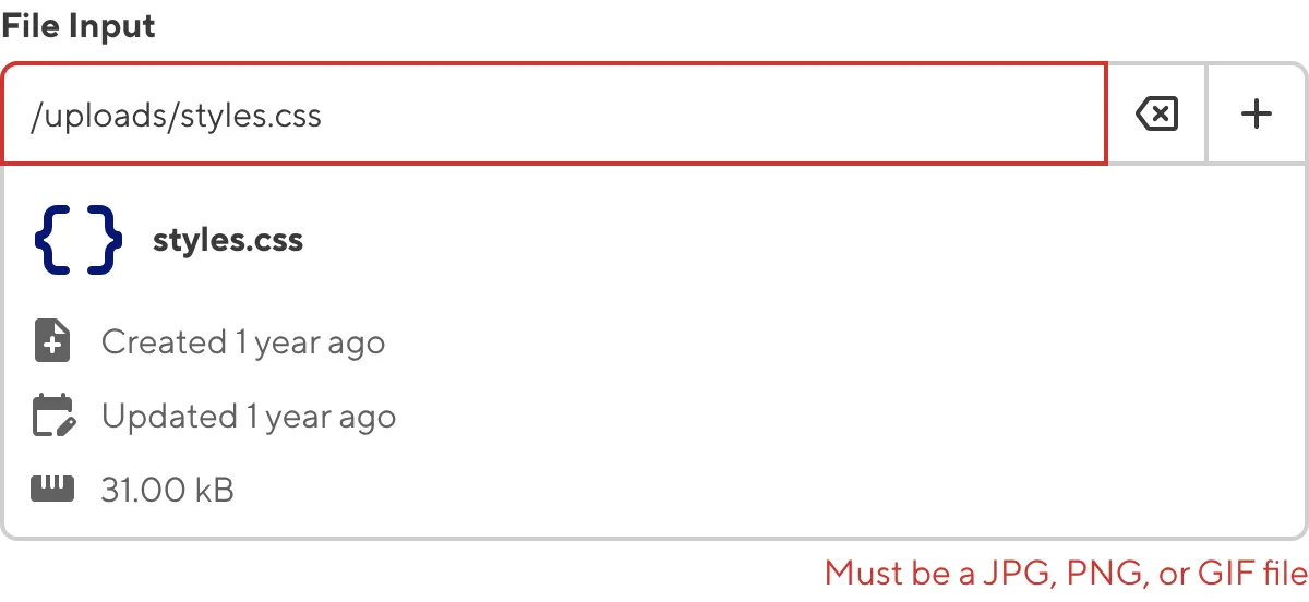 A screenshot of the File Input in the Data Editor shows an error message as the value does not match the configured pattern.