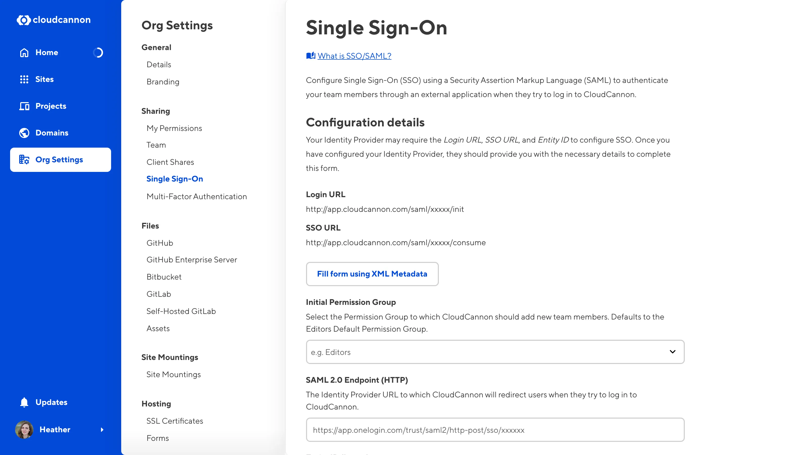 The SSO page A screenshot of the CloudCannon Single Sign-On page under Org Settings.