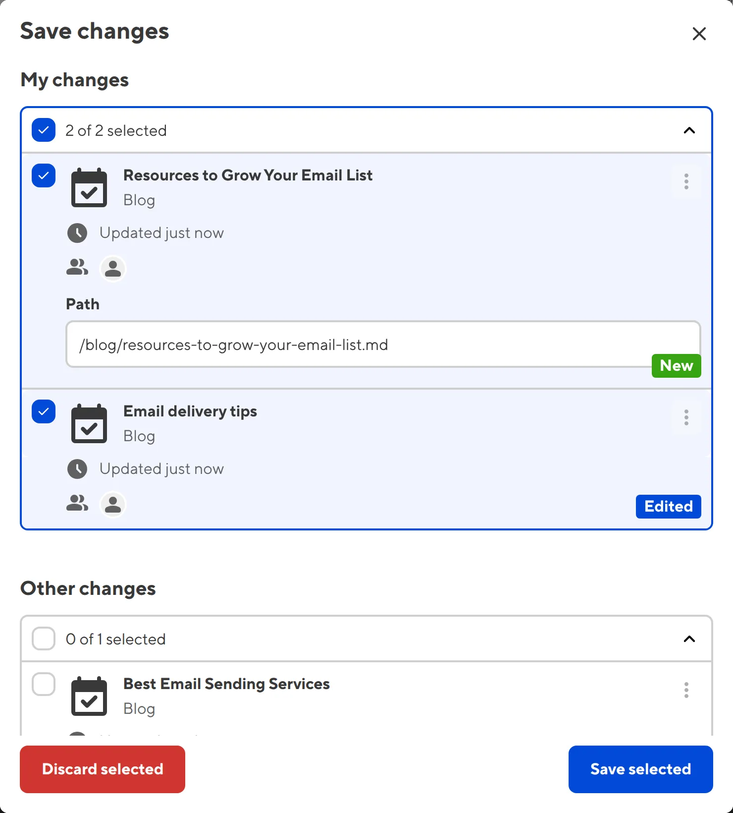 The Save Changes modal A screenshot of the Save changes modal shows that multiple contributors have files with unsaved changes.