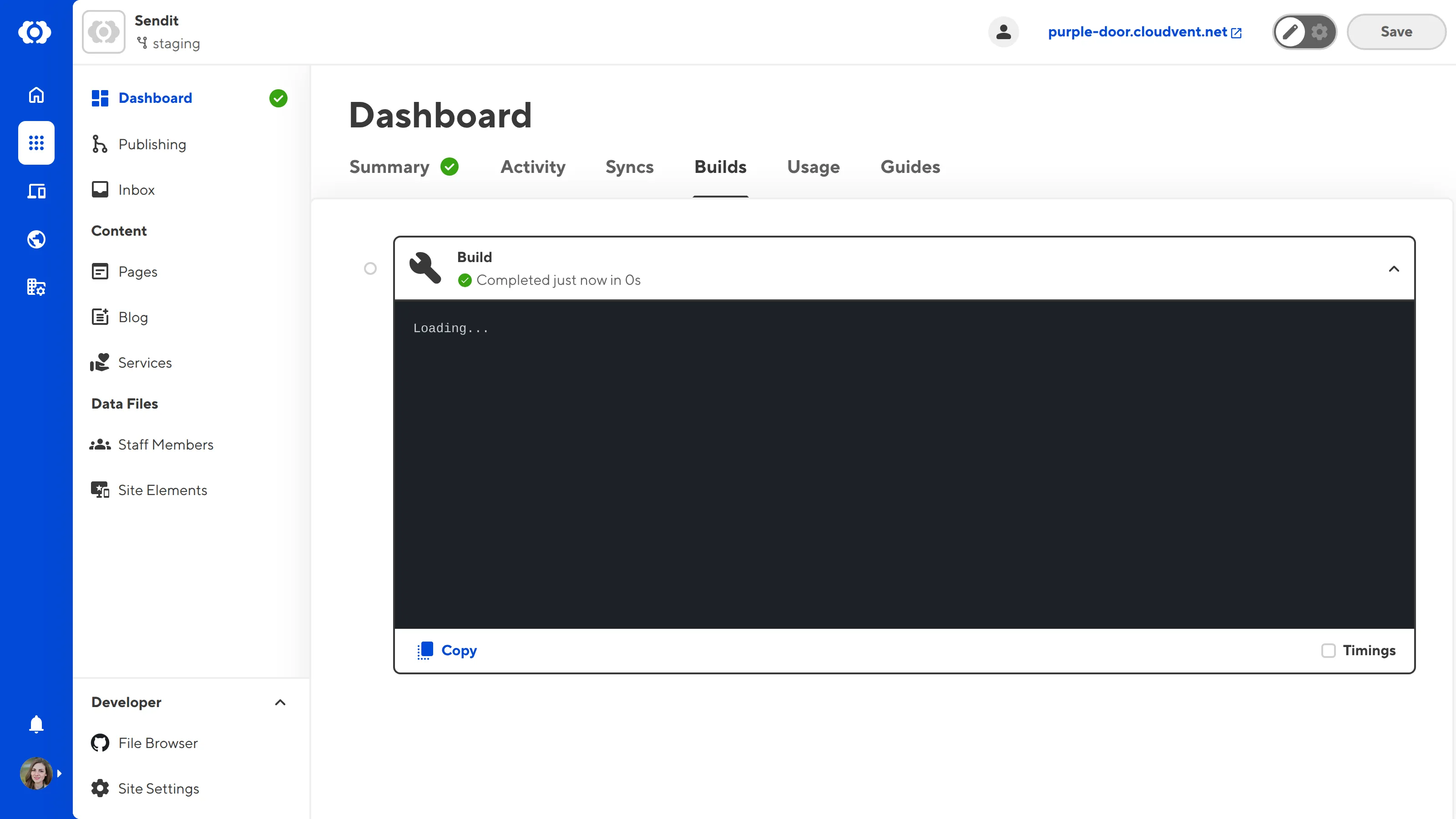 The Site Dashboard Builds tab A screenshot of the Status page Builds tab shows the first build of a Site is running.