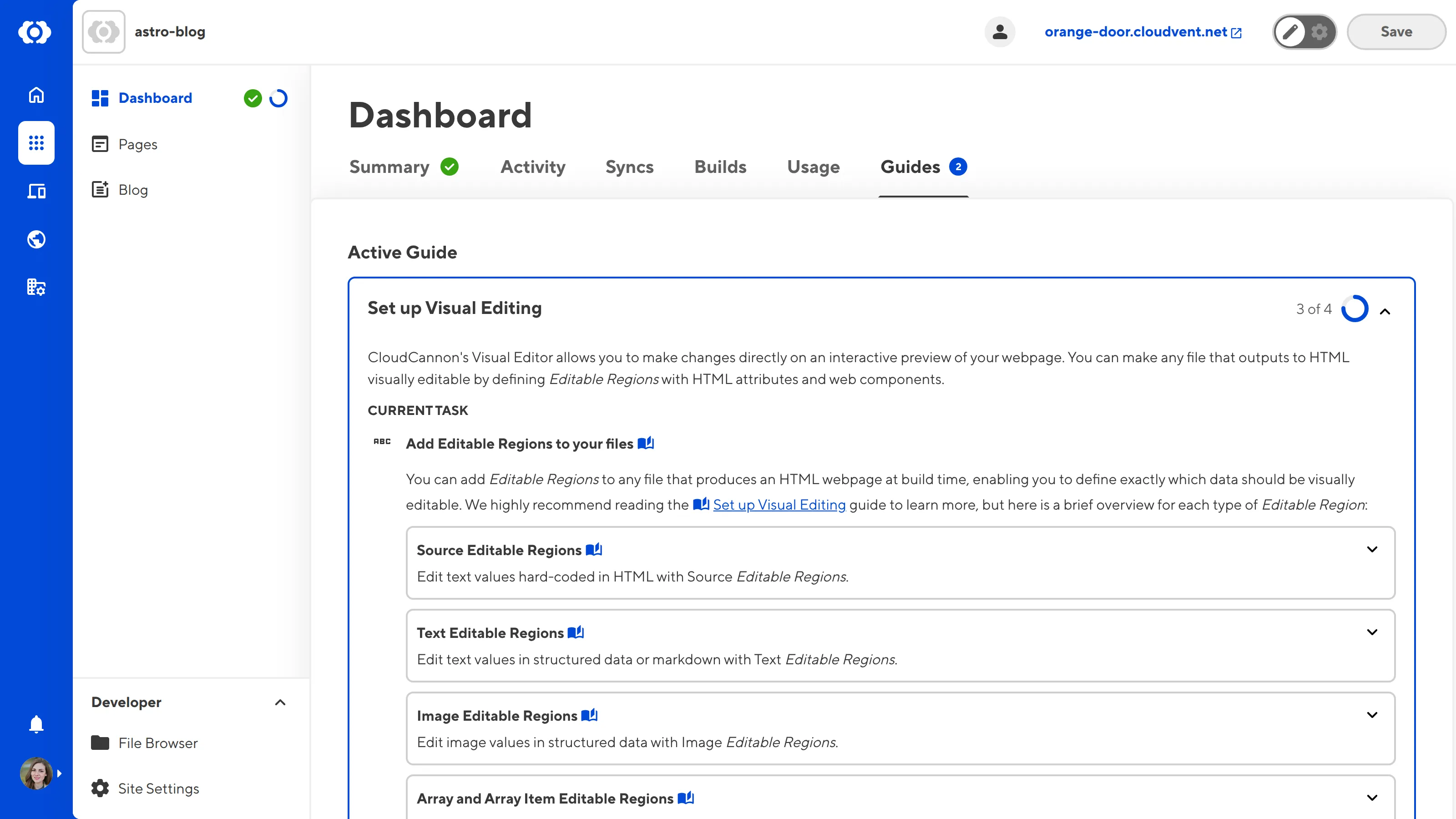 The Site Dashboard Guides tab A screenshot of the Guides tab on the Site Dashboard shows that the active in-app guide is Set up Visual Editing.