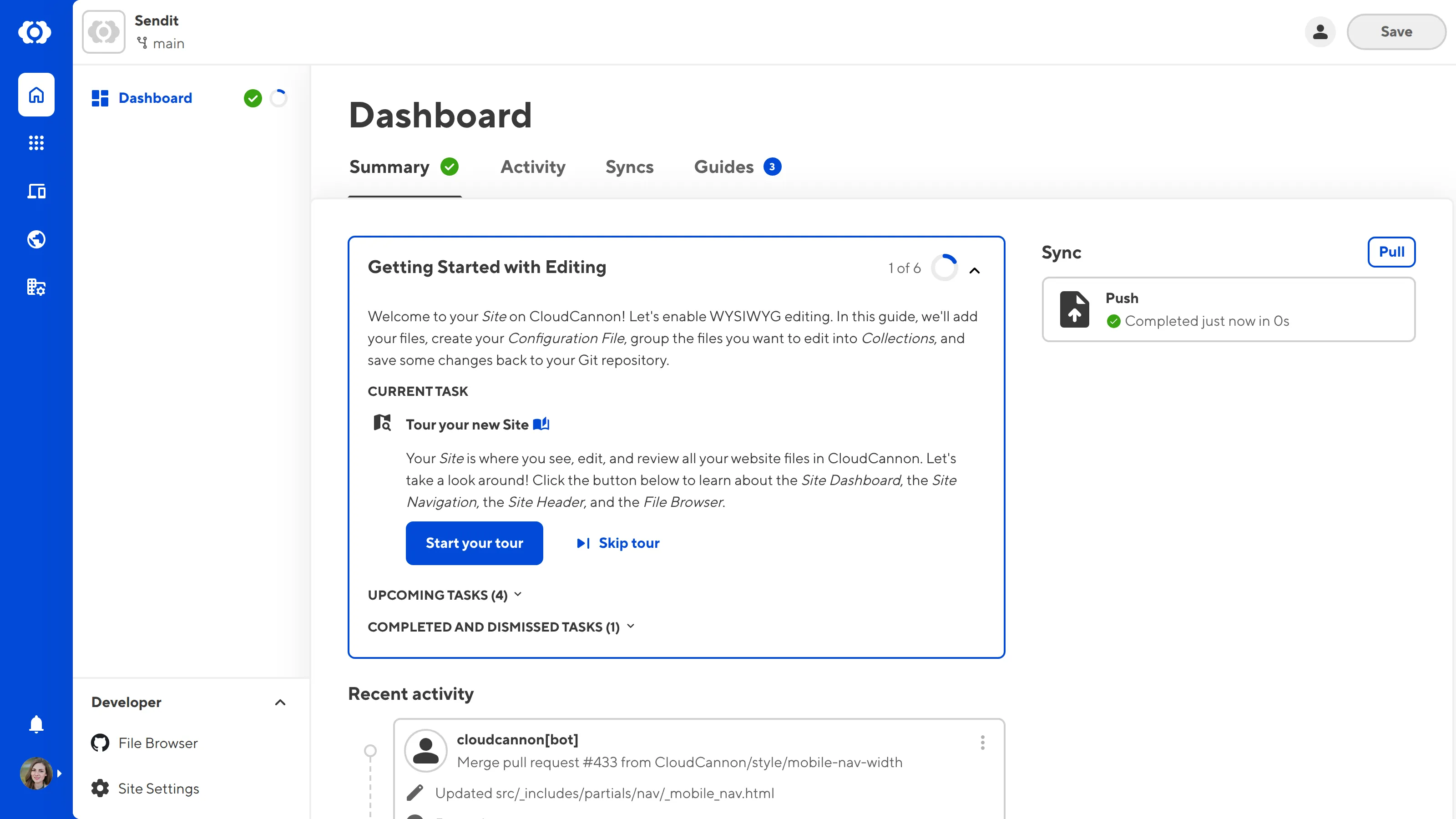 The Tour your new Site task A screenshot of the Tour your new Site task from the Getting Started in-app guide.
