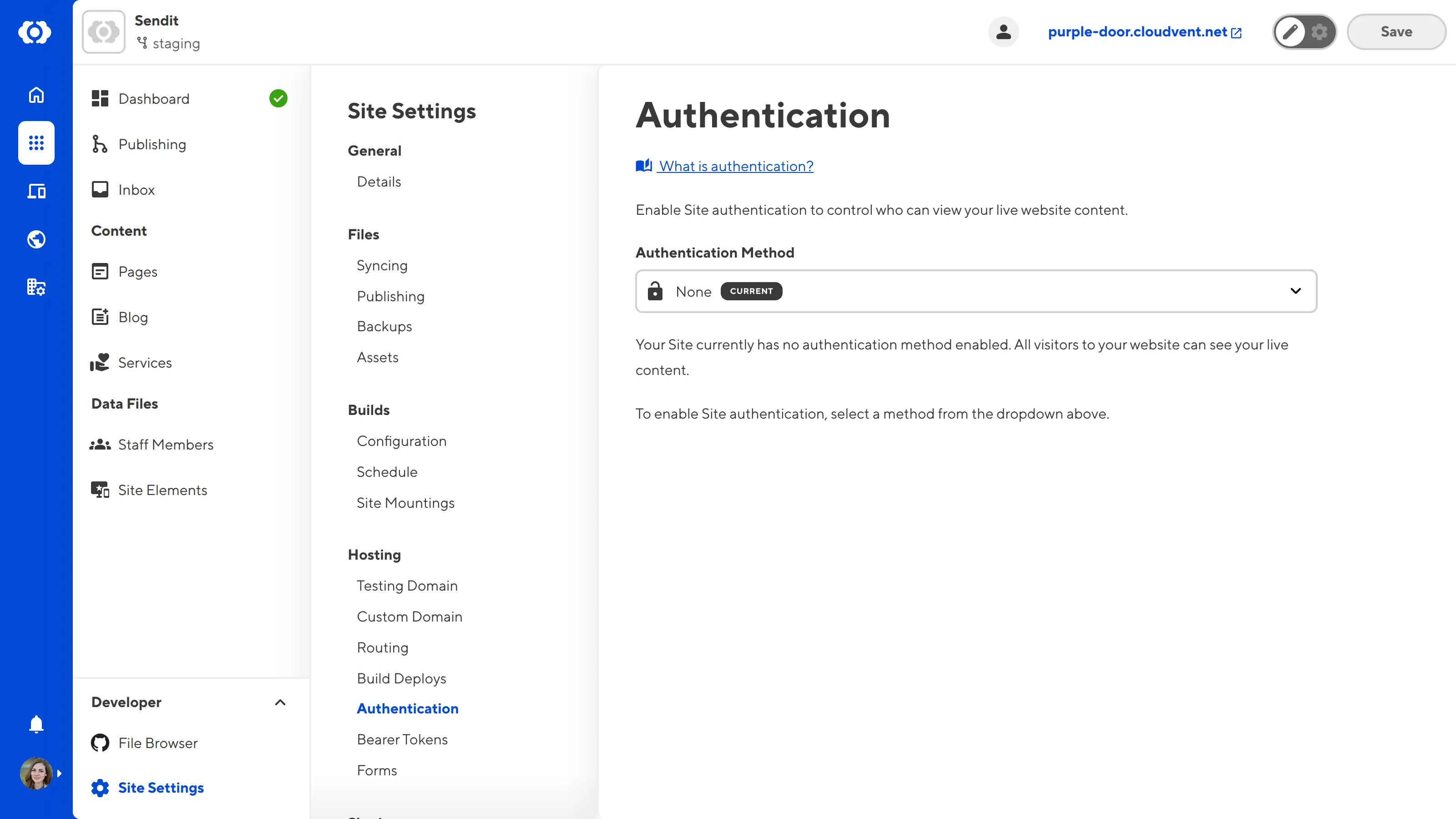 The Authentication Page A screenshot of the Authentication page under Site Settings shows that no authentication method has been selected for this site.