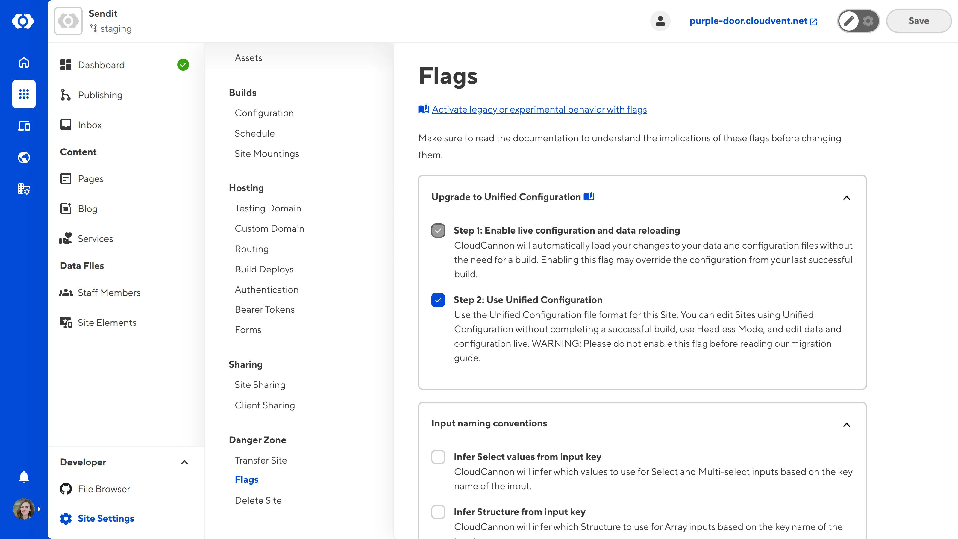 The Flags page A screenshot of the Flags page in your Site Settings shows three checkboxes for enabling opt-in behavior in CloudCannon.