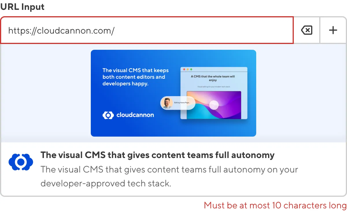 URL Input with max length validation A screenshot of the URL input in the Data Editor shows that the value does not meet maximum length requirements.