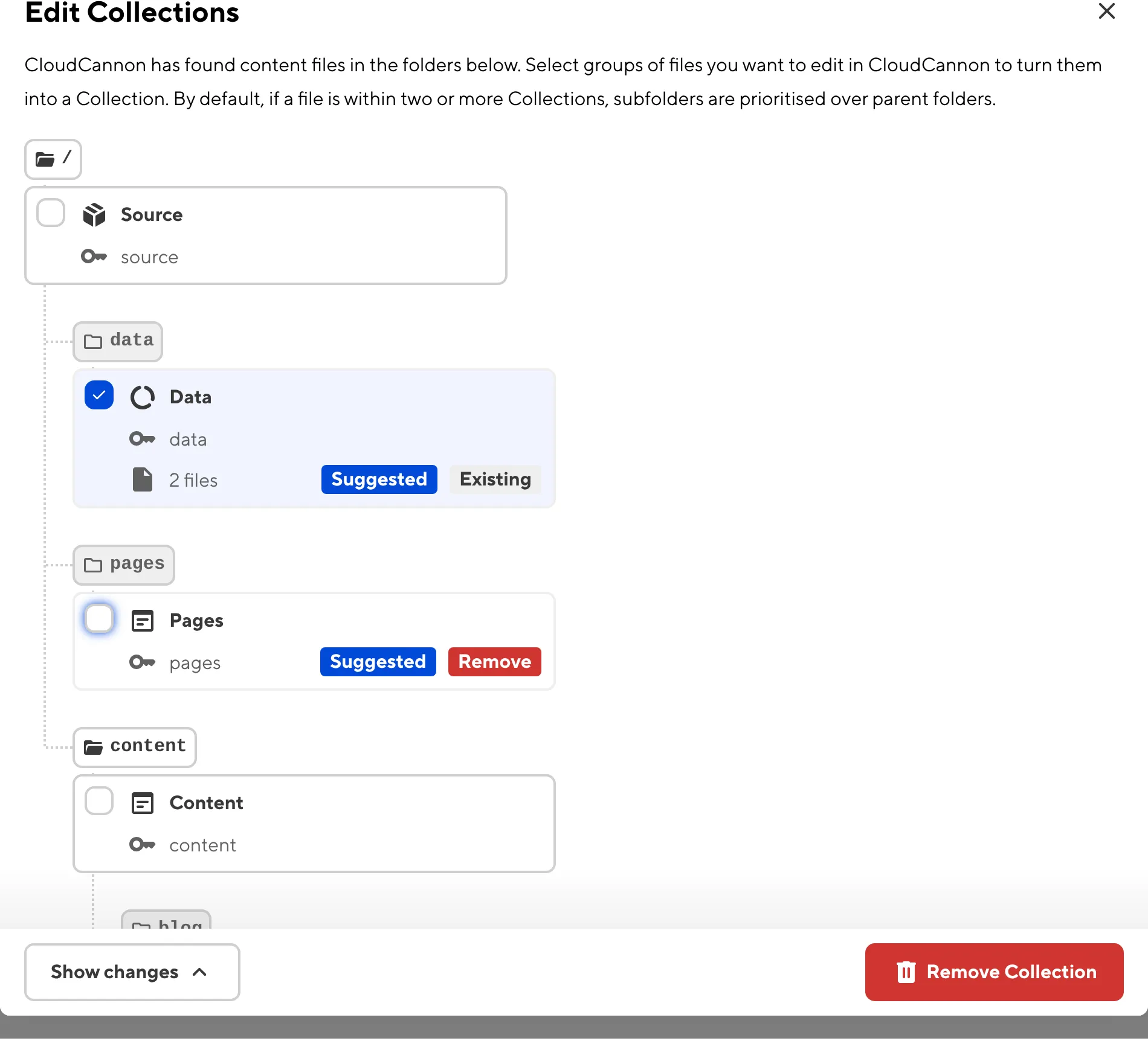 The Edit Collections modal A screenshot of the Edit Collections modal shows one existing Collection and one unselected Collection with the Remove badge.
