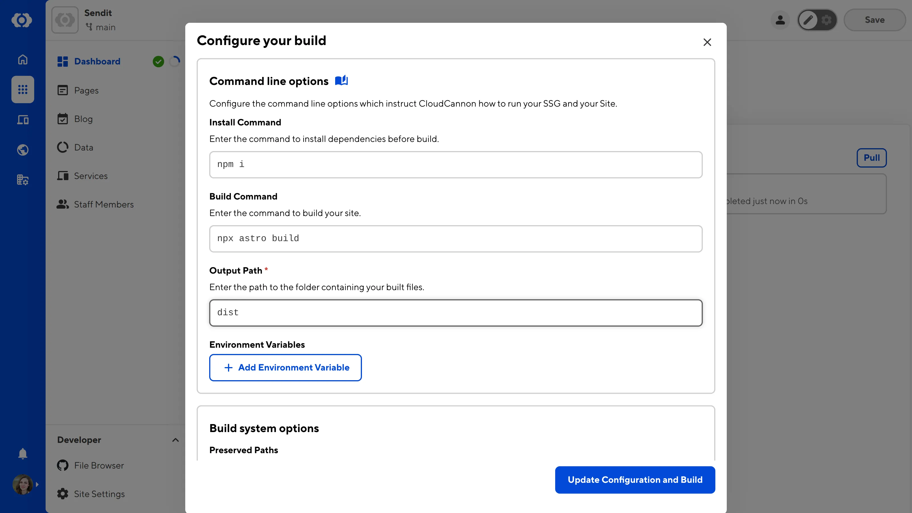 The Configure your build modal A screenshot of the Configure your build modal shows the command line options.