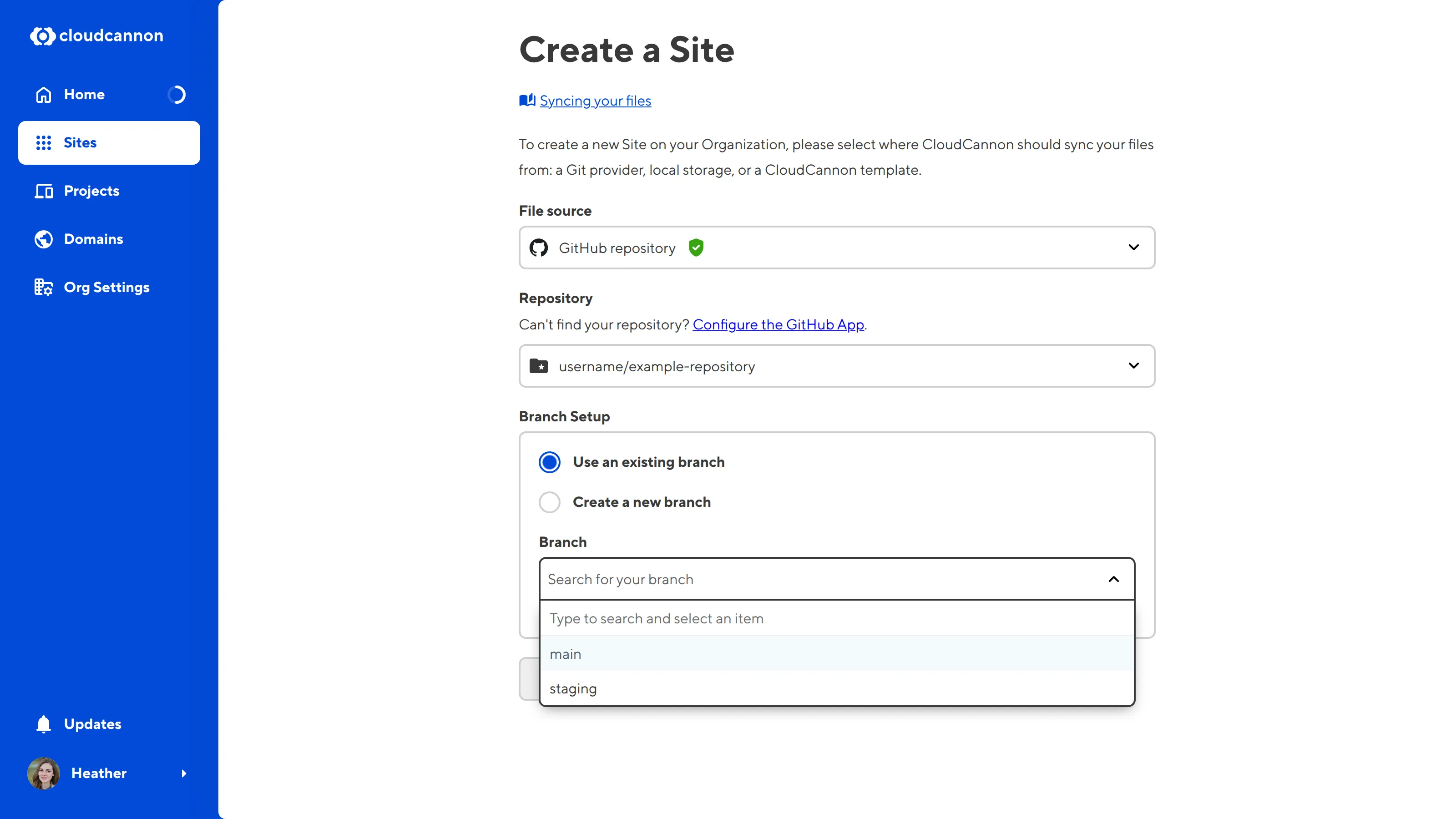 A screenshot of the Create a Site page shows the Use an existing branch radio button and the Branch dropdown.