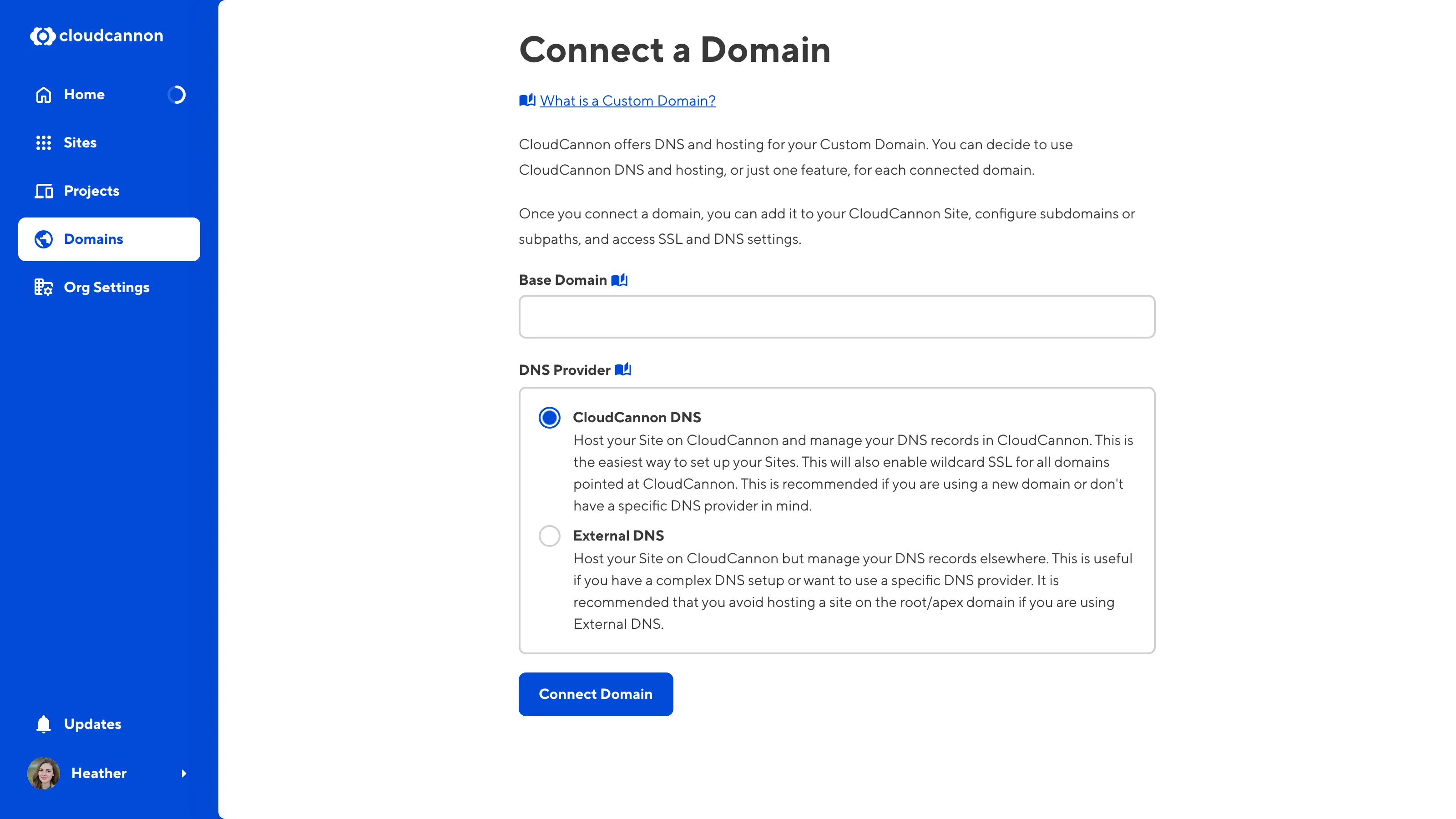 The Connect your first Domain page A screenshot of the Connect your first Domain page.
