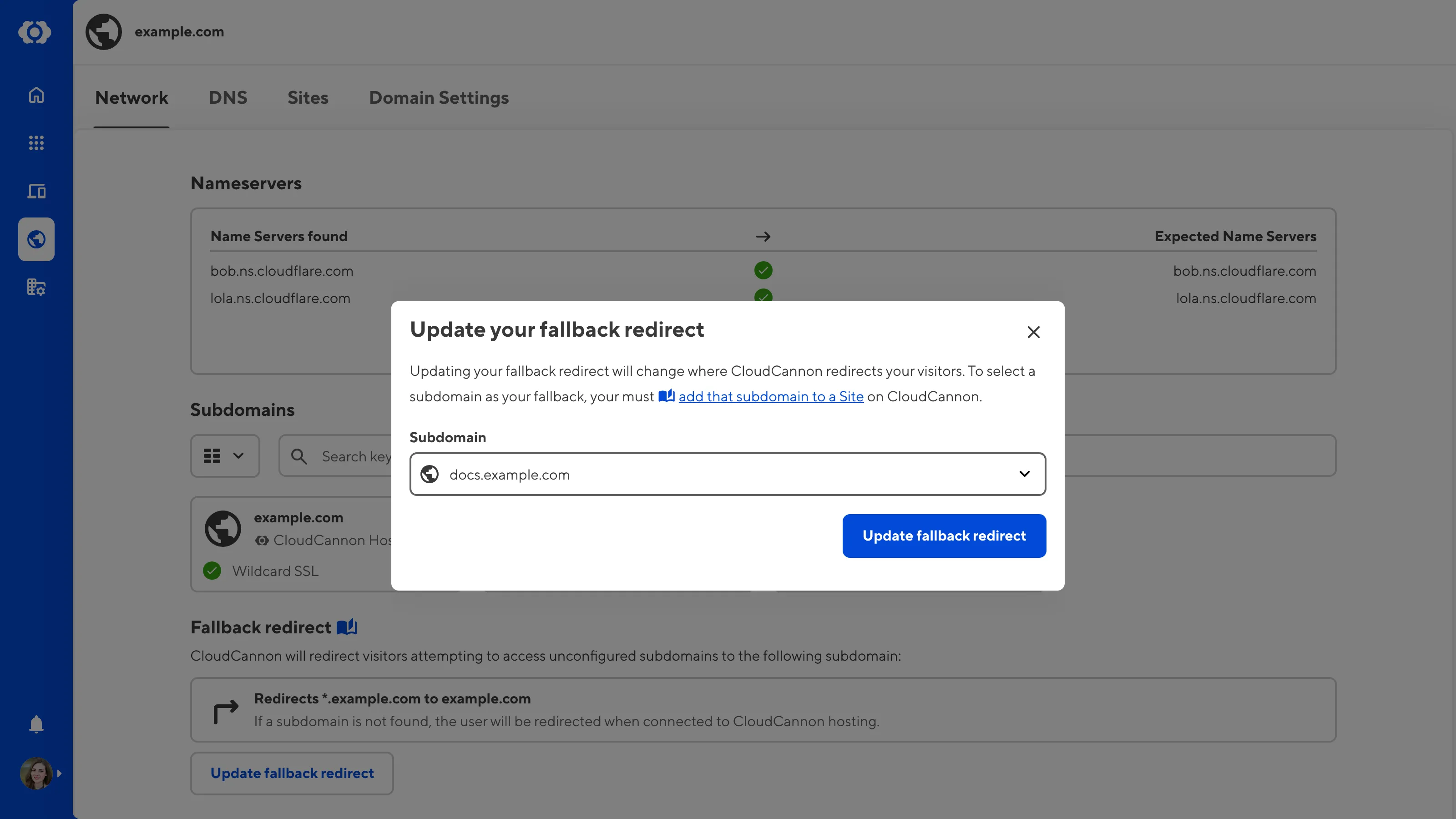 The Domain page Network tab A screenshot of the Update your fallback redirect modal on the Network tab shows a Subdomain dropdown for selecting a new fallback redirect.