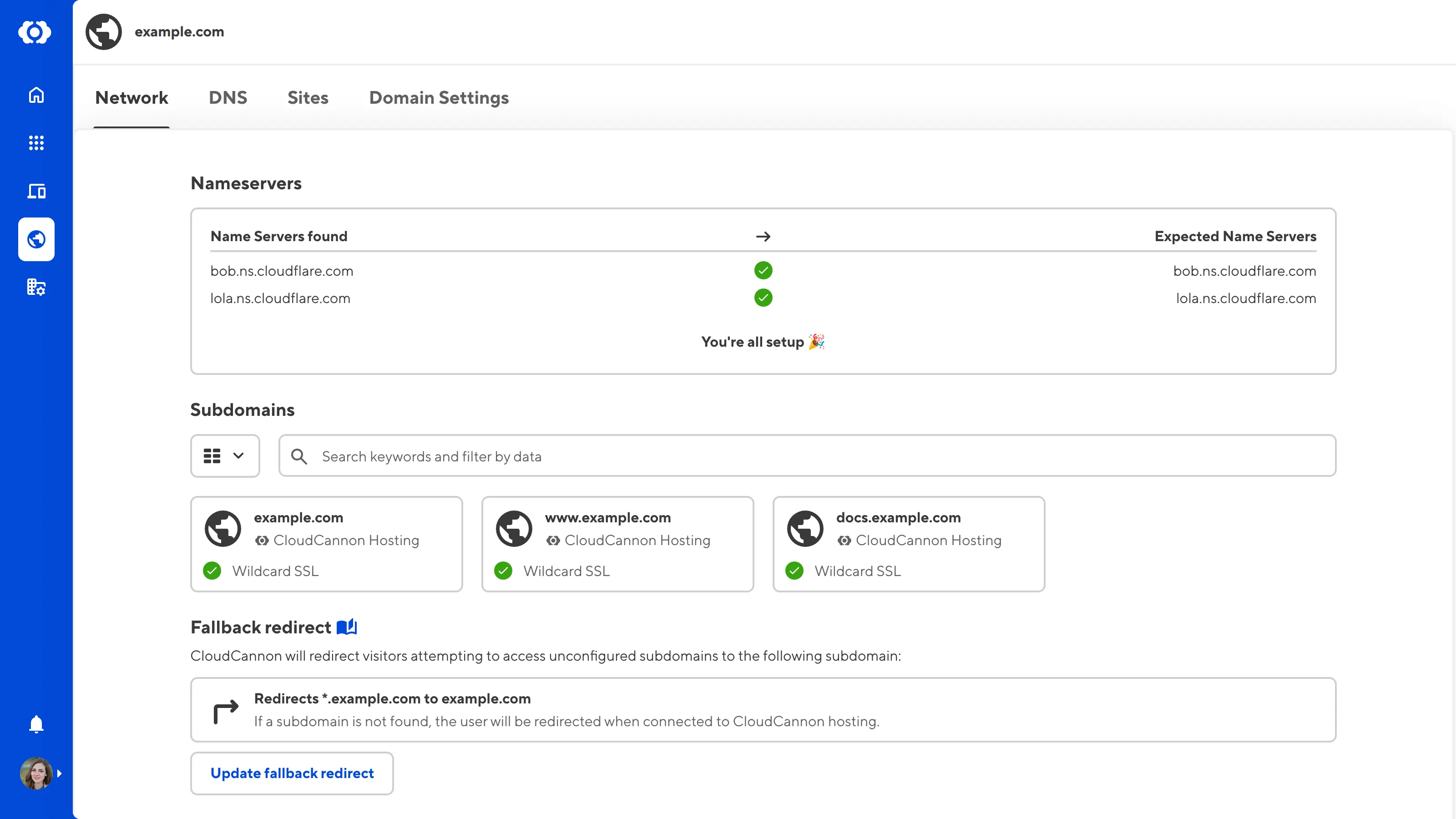 The Domain page Network tab A screenshot of the Network tab on the Domain page shows the fallback redirect section and Update fallback redirect button.