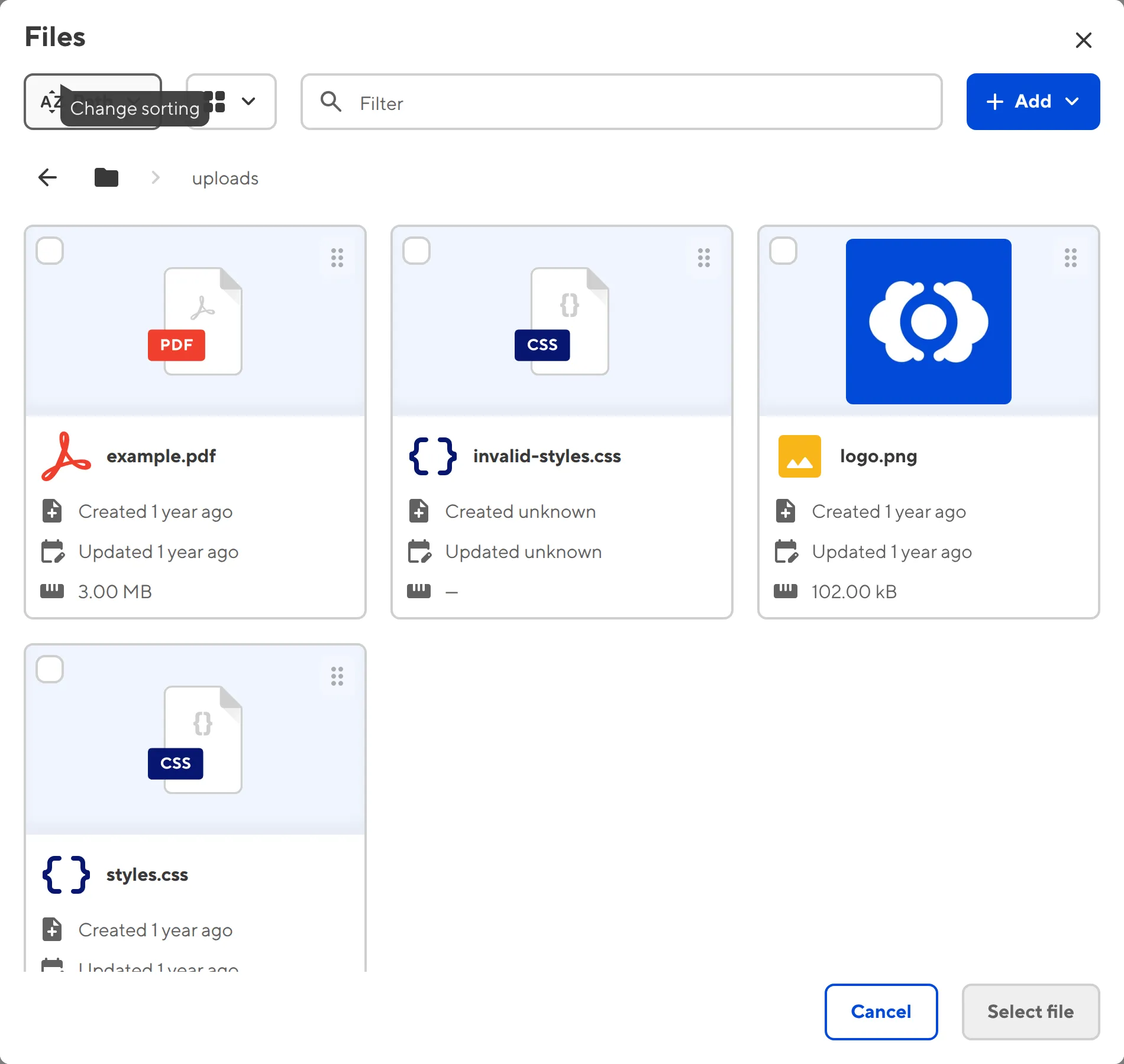 The File Input File Browser A screenshot of the File Input File Browser shows the default upload location for files, with three files you can select as the Input value.