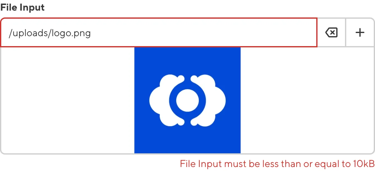 File Input with max file size A screenshot of the File input in the Data Editor shows that the uploaded file does not meet file size requirements.