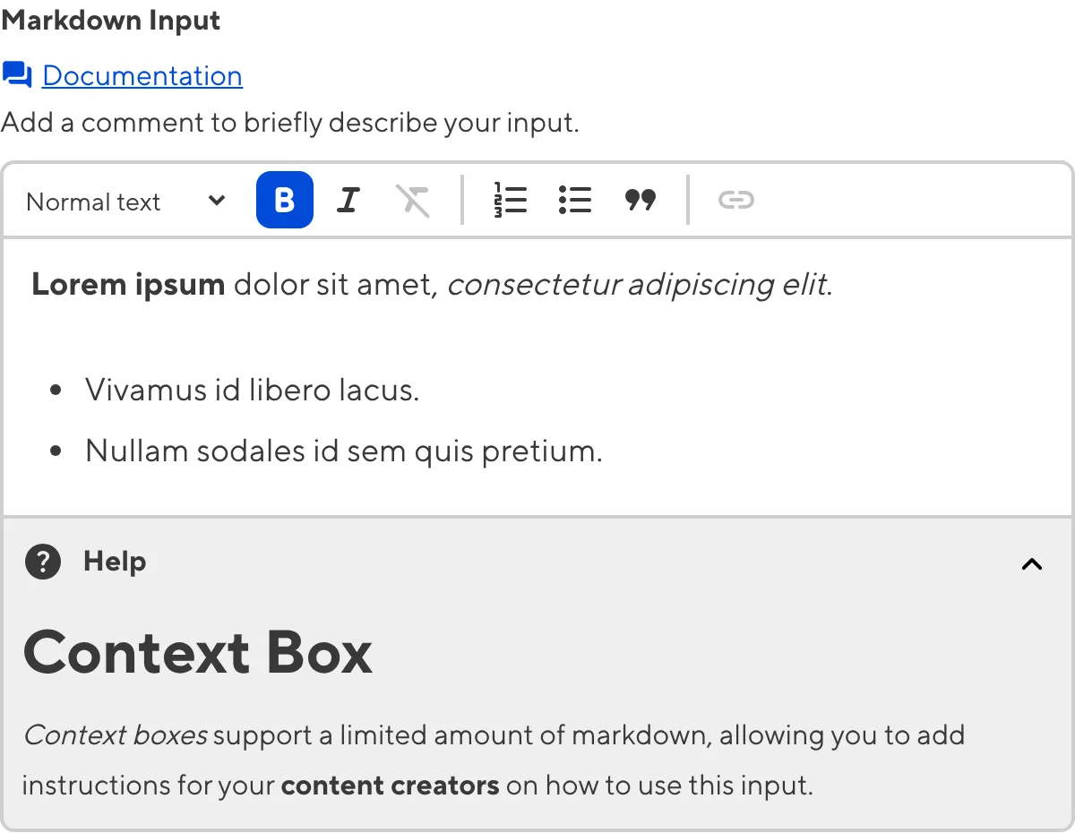 Markdown Input with Context Box A screenshot of the Markdown Input in the Data Editor with a Context Box underneath the text area.