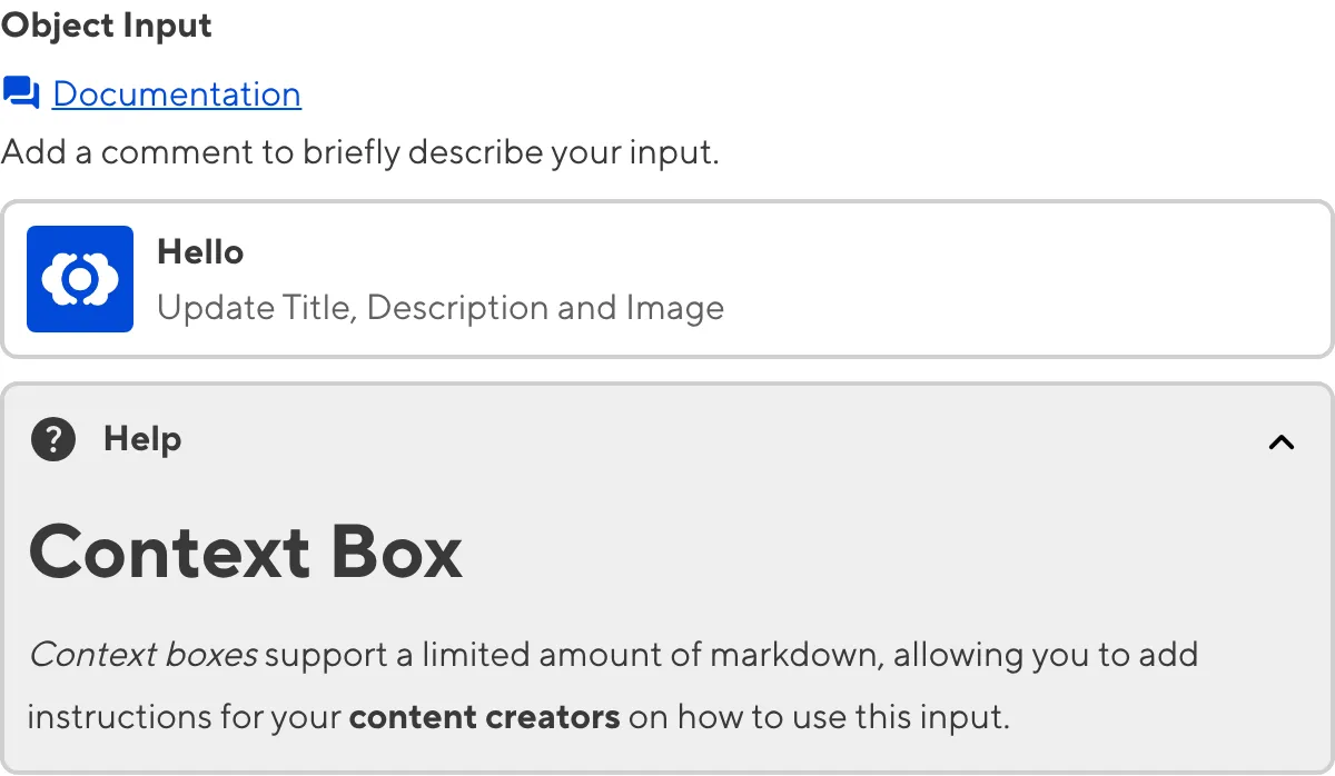 Object Input with Context Box A screenshot of the Object Input in the Data Editor with a Context Box underneath the card.