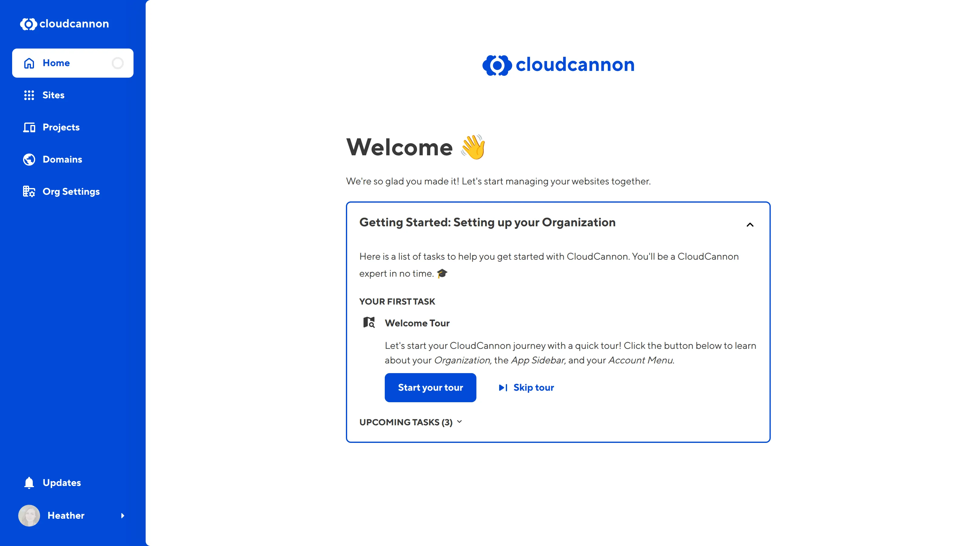 The Organization Home page A screenshot of the Organization Home page shows Setting up your Organization in-app guide with a task to complete a Welcome Tour.