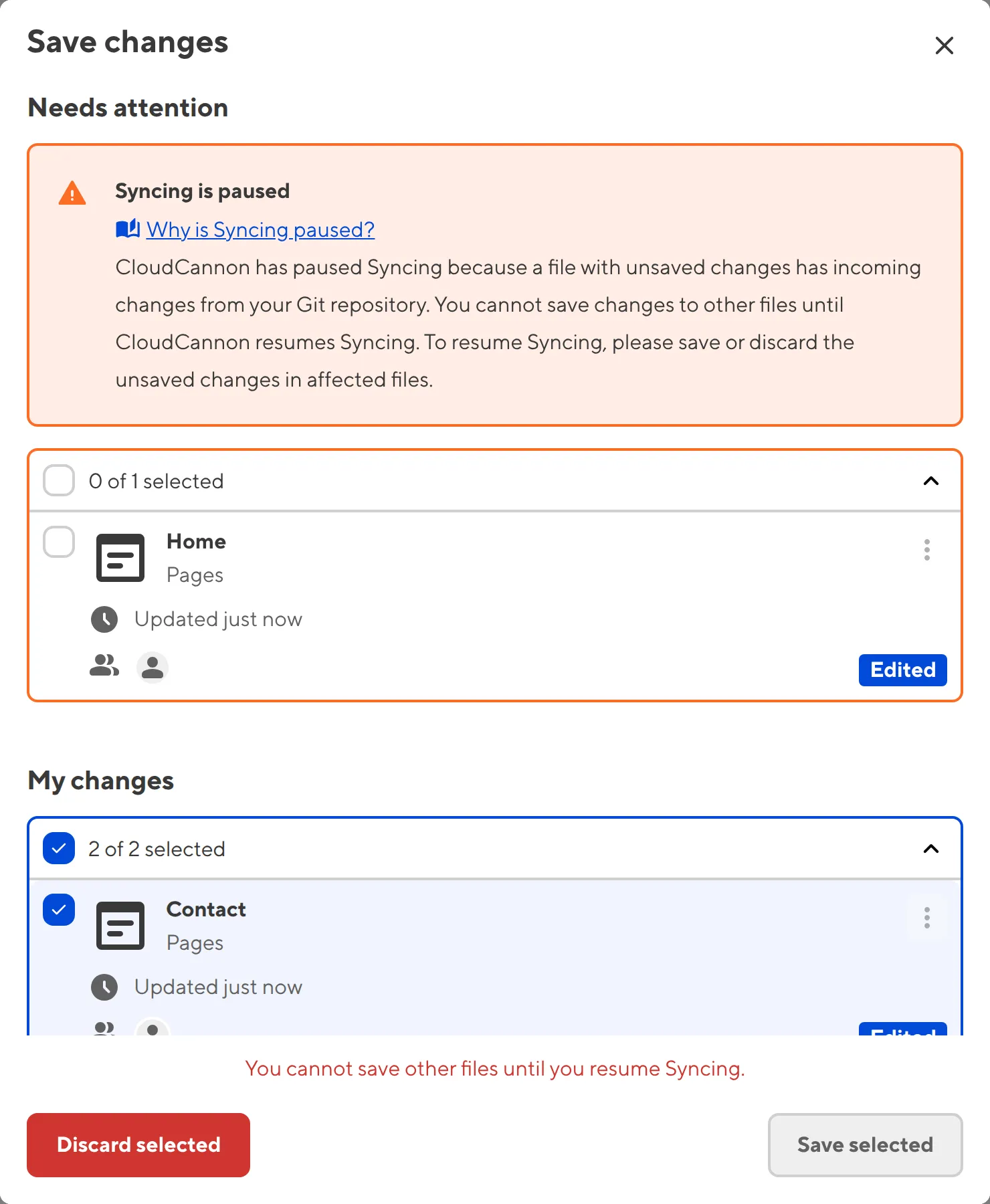 The Review Changes modal A screenshot of the Review Changes modal shows a Syncing is paused warning and affected files highlighted in orange.