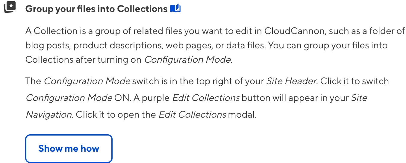 The Add a Collection task A screenshot of the Add a Collection task from the Getting Started in-app guide.