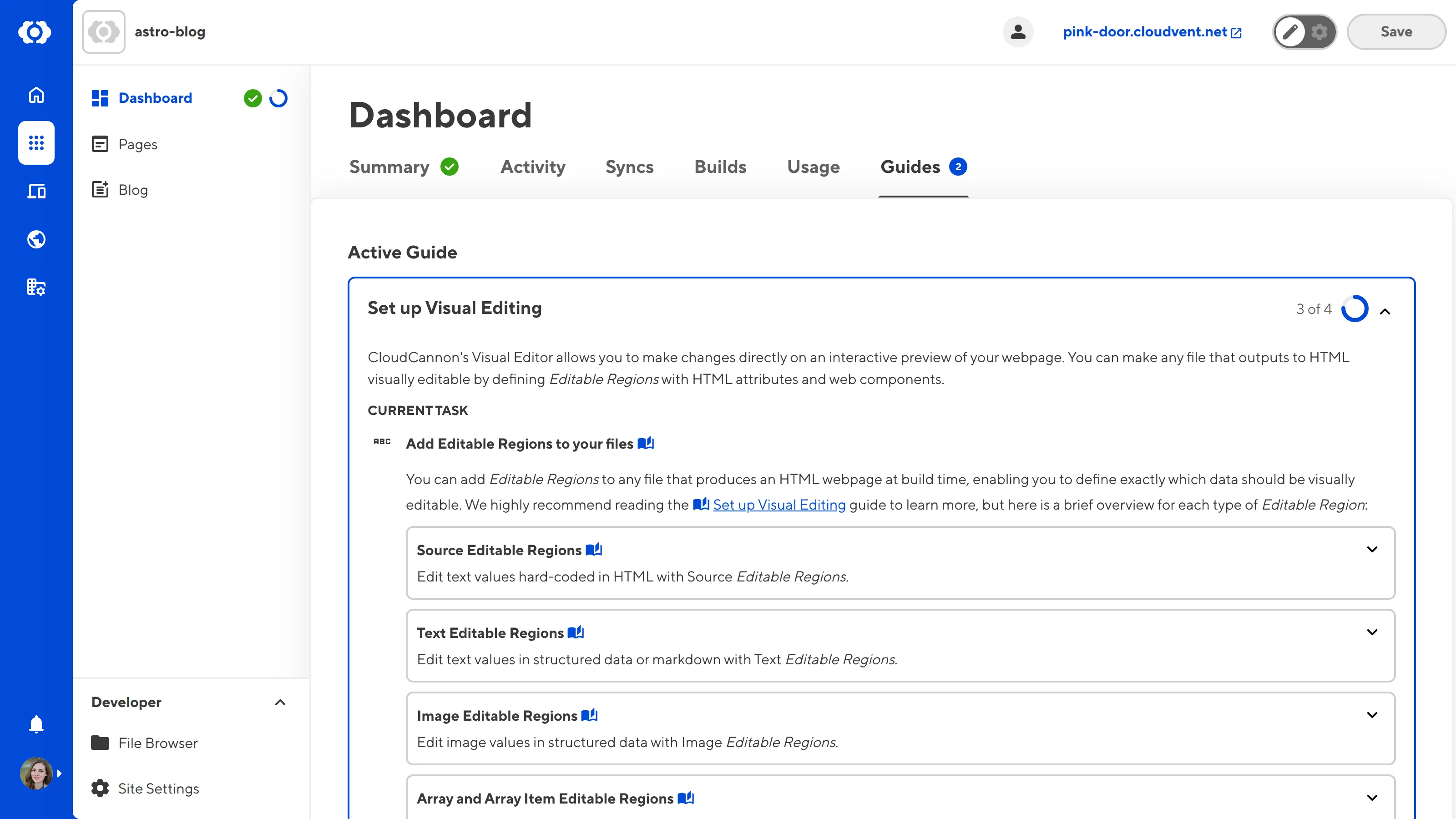 The Site Dashboard Guides tab A screenshot of the Guides tab on the Site Dashboard shows that the active in-app guide is Set up Visual Editing.