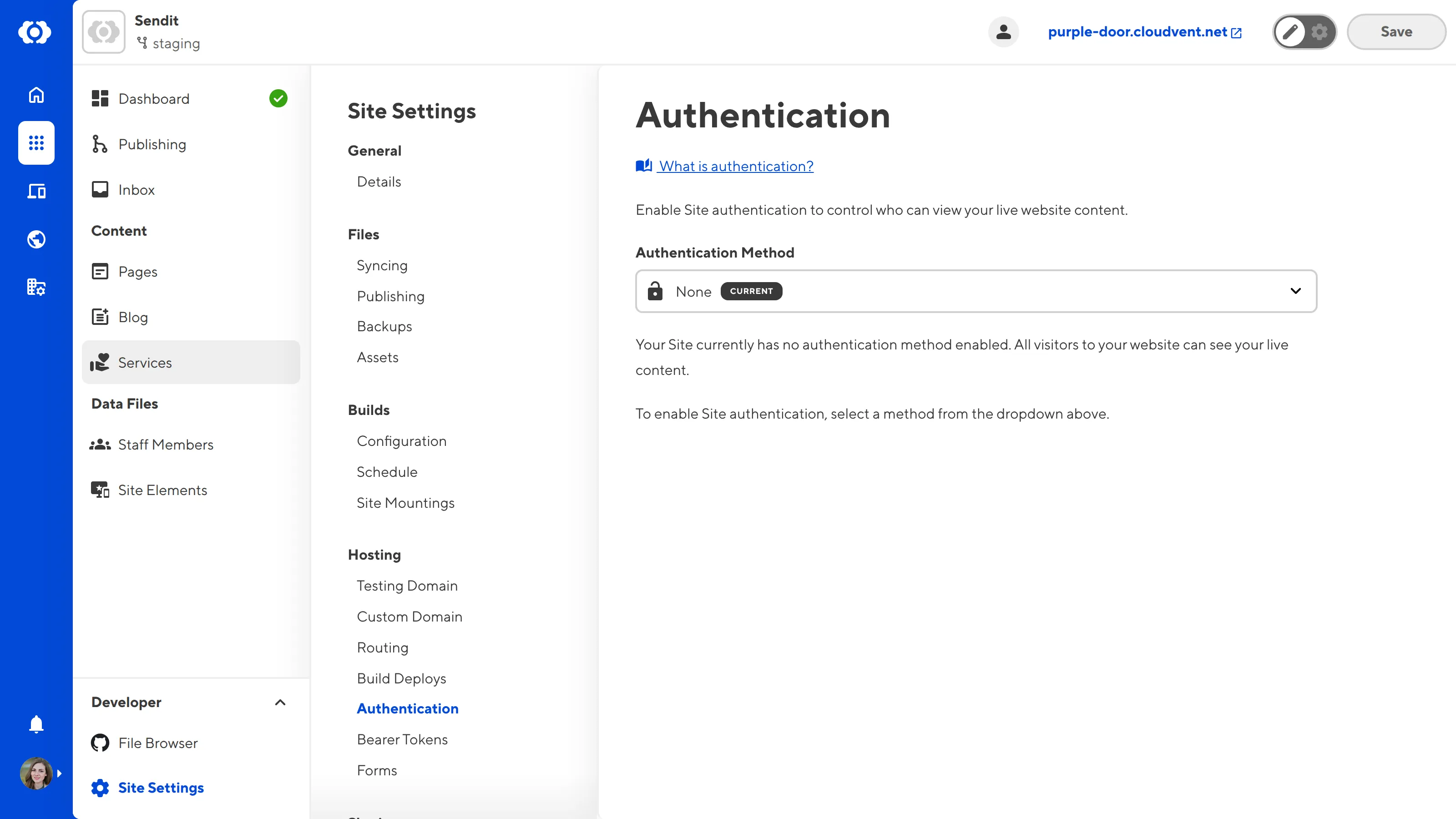 A screenshot of the Authentication page under Site Settings shows that no authentication method has been selected for this site.
