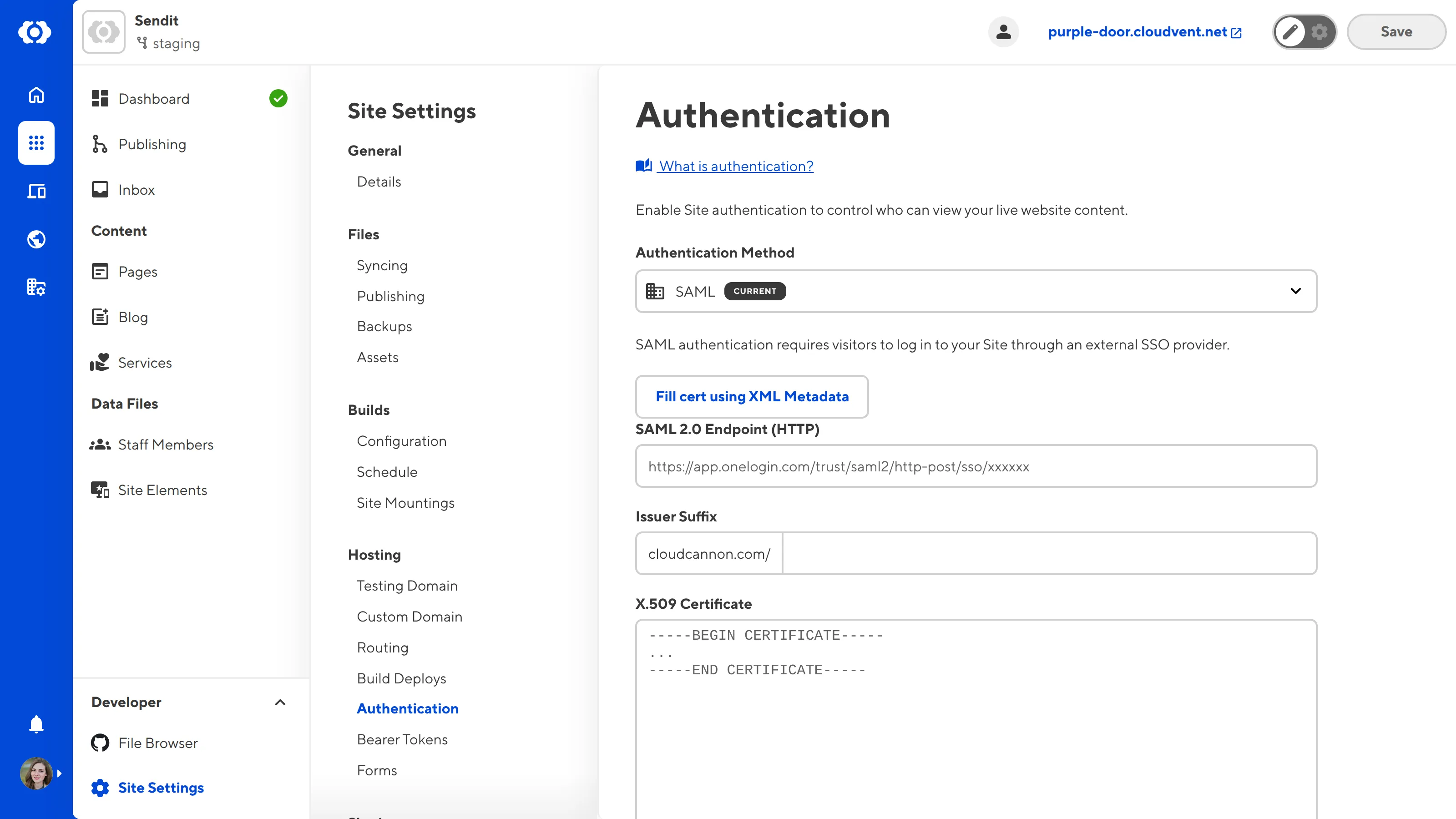 The Authentication Page A screenshot of the Authentication page shows fields for SAML 2.0 Endpoint (HTTP), Issuer Suffix , and X.509 Certificate.