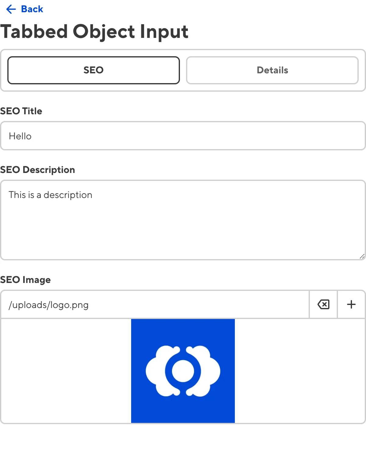 The Object input A screenshot of the nested content within a Tabbed Object Input in the Data Editor.