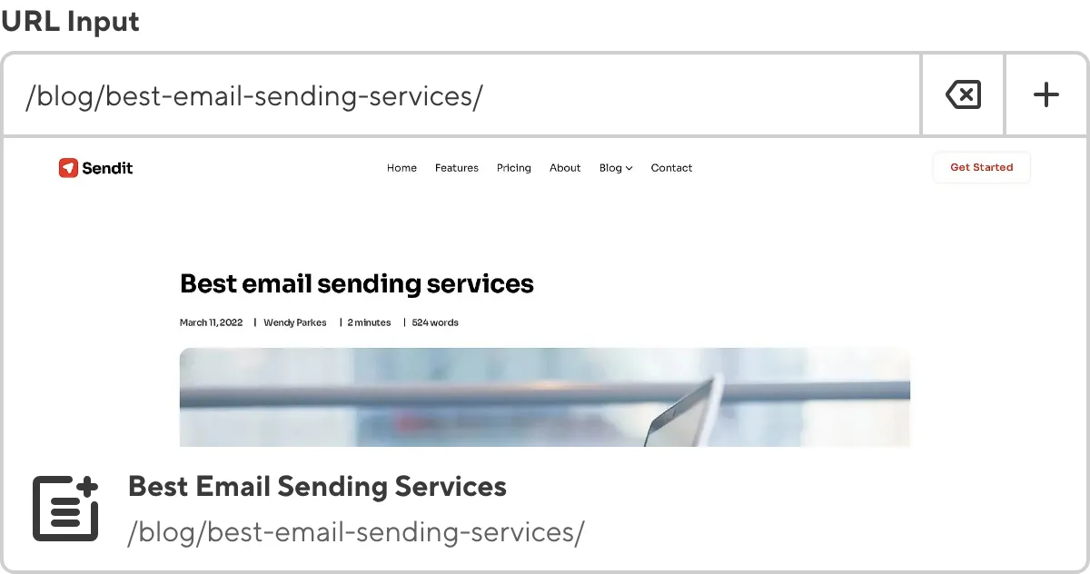 The URL Input A screenshot of the URL Input in the Data Editor shows an local URL value with a preview of the URL screenshot, title, and output path.